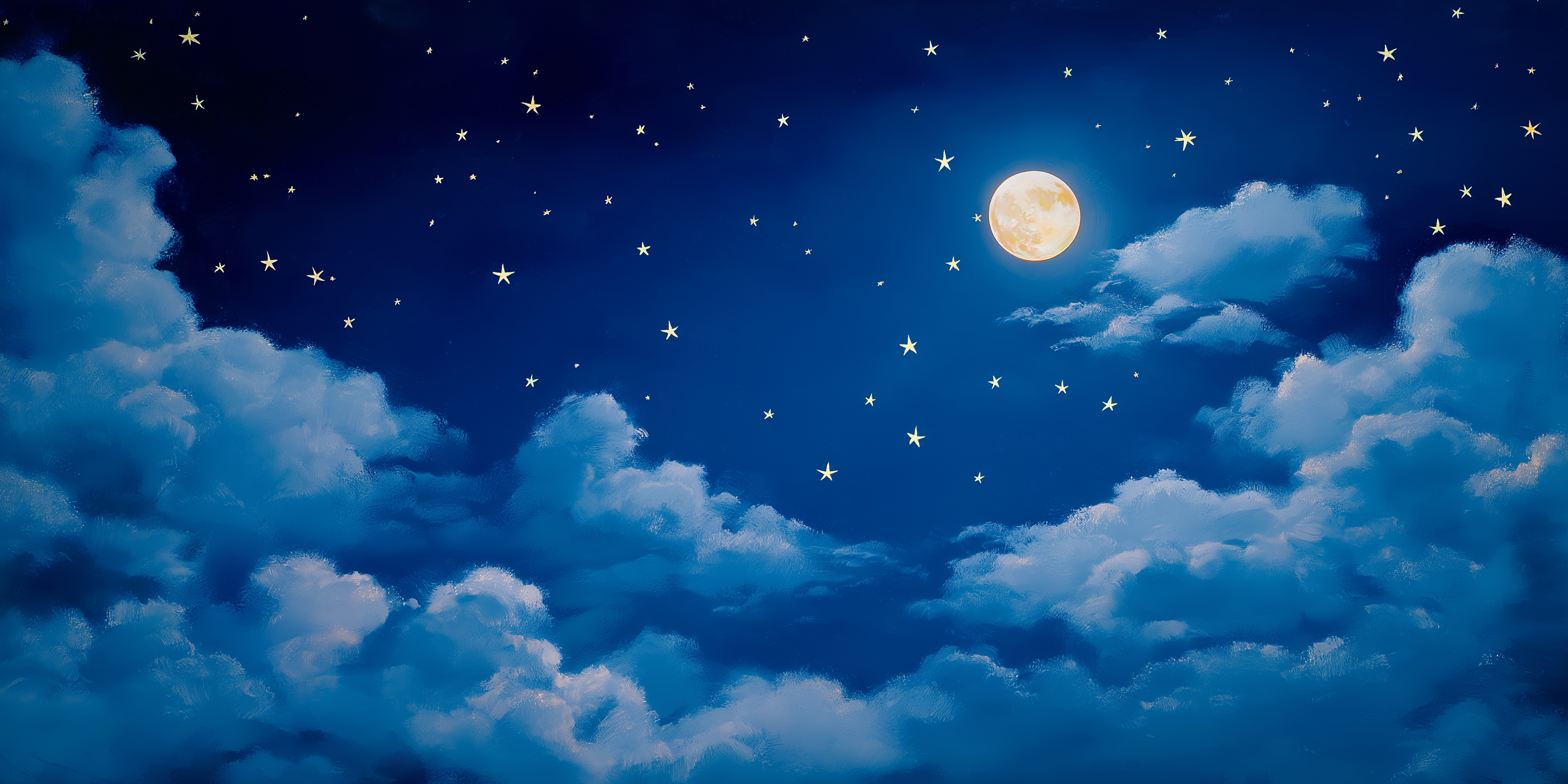 月光 桌布 壁紙 — 寧靜的夜空，一輪明亮的滿月被閃爍的星星和柔軟的藍色雲朵環繞。