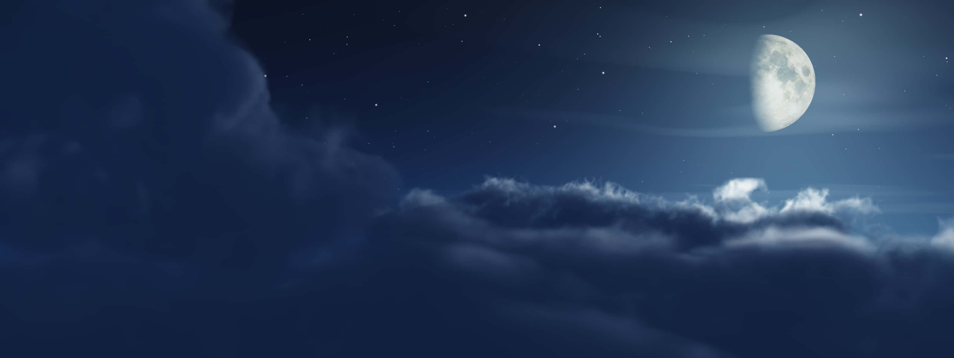 雙螢幕桌布 桌布 壁紙 — 寧靜的夜空，一輪發光的彎月和散落的星星從柔軟飄動的雲層中探出頭來。