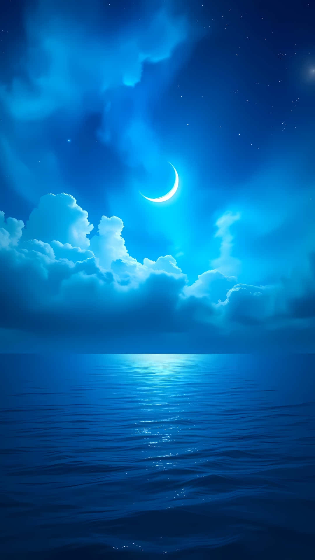 Blue Night Ocean with Crescent Moon and Clouds 壁紙 — 寧靜的夜空，一輪發光的彎月和散落的星星，映照在平靜的海洋上，反射出藍光。
