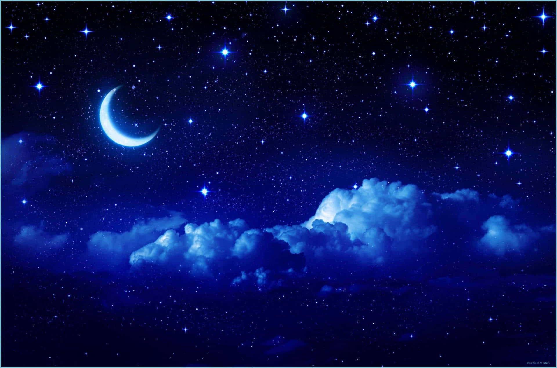 藍色美學 桌布 壁紙 — 寧靜的夜空，佈滿閃爍的星星，柔軟的藍色雲朵上方懸掛著發光的彎月。
