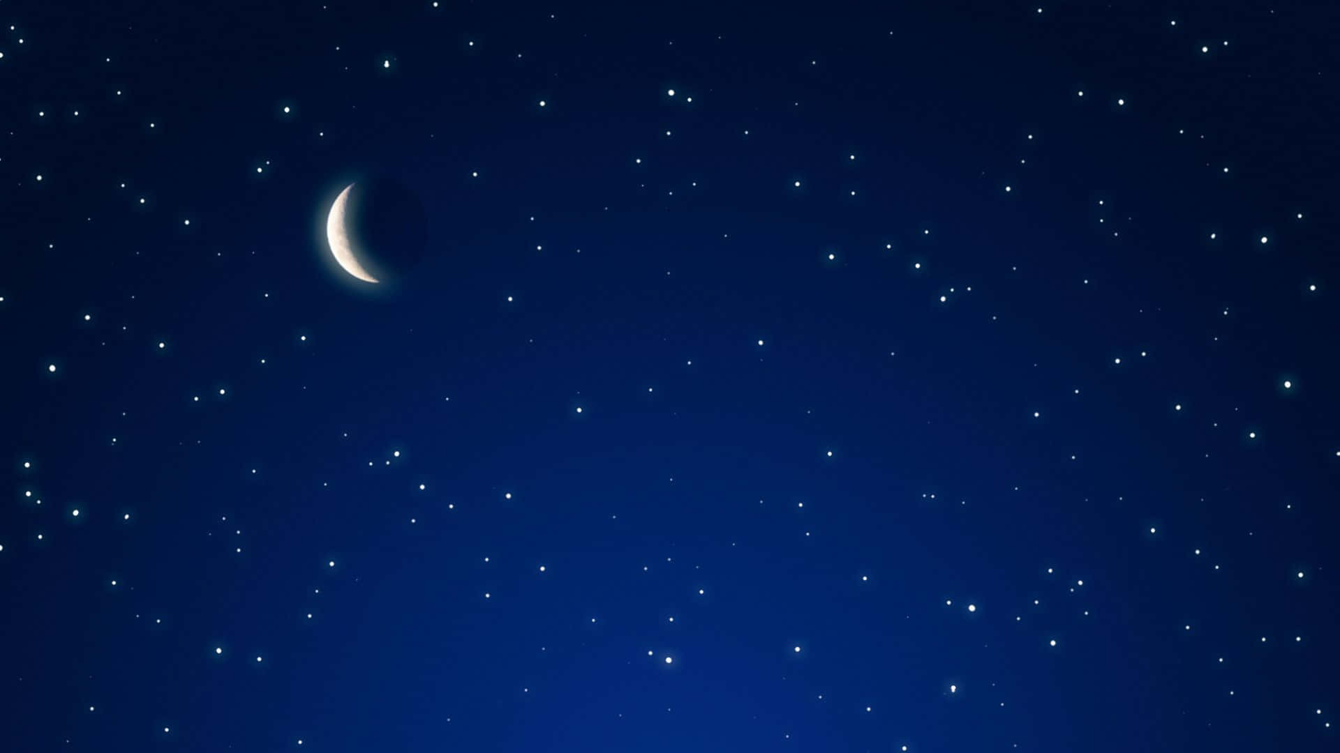 星空動畫 桌布 壁紙 — 寧靜的夜空，佈滿閃爍的星星和一彎纖細的月牙，在深藍色中柔和地發光。
