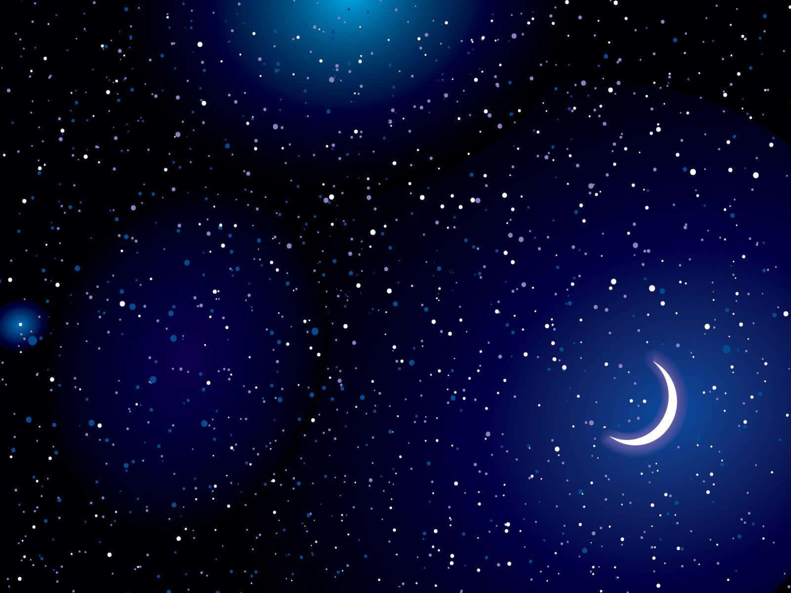 Stars 桌布 壁紙 — 寧靜的夜空，佈滿閃爍的星星和發光的彎月，襯托著深藍色漸變背景。