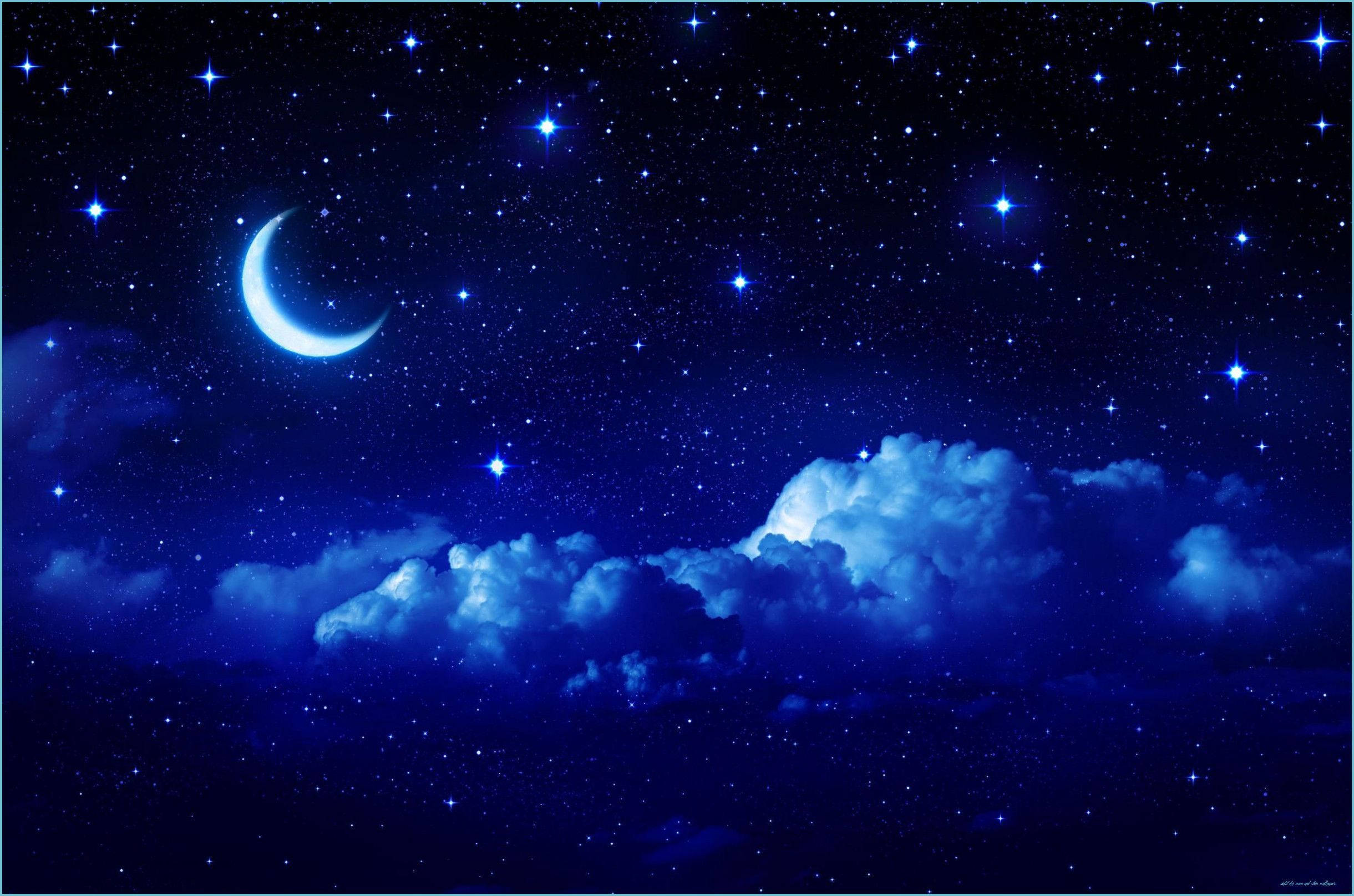 深藍色美學動圖 桌布 壁紙 — 寧靜的夜空，佈滿閃爍的星星和發光的彎月，在柔和的藍色雲層之上。