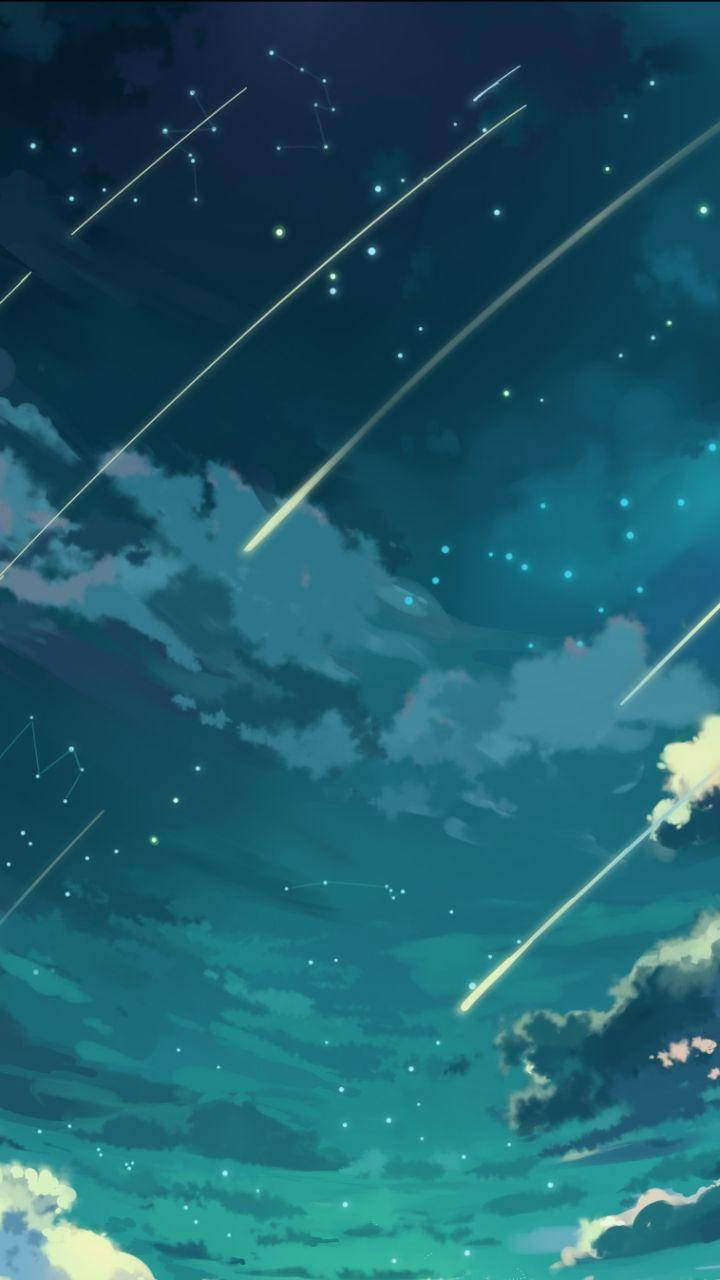 iPhone SE 桌布 壁紙 — 寧靜的夜空，充滿閃爍的流星和星座，在青綠色和紫色的雲層中飄移。