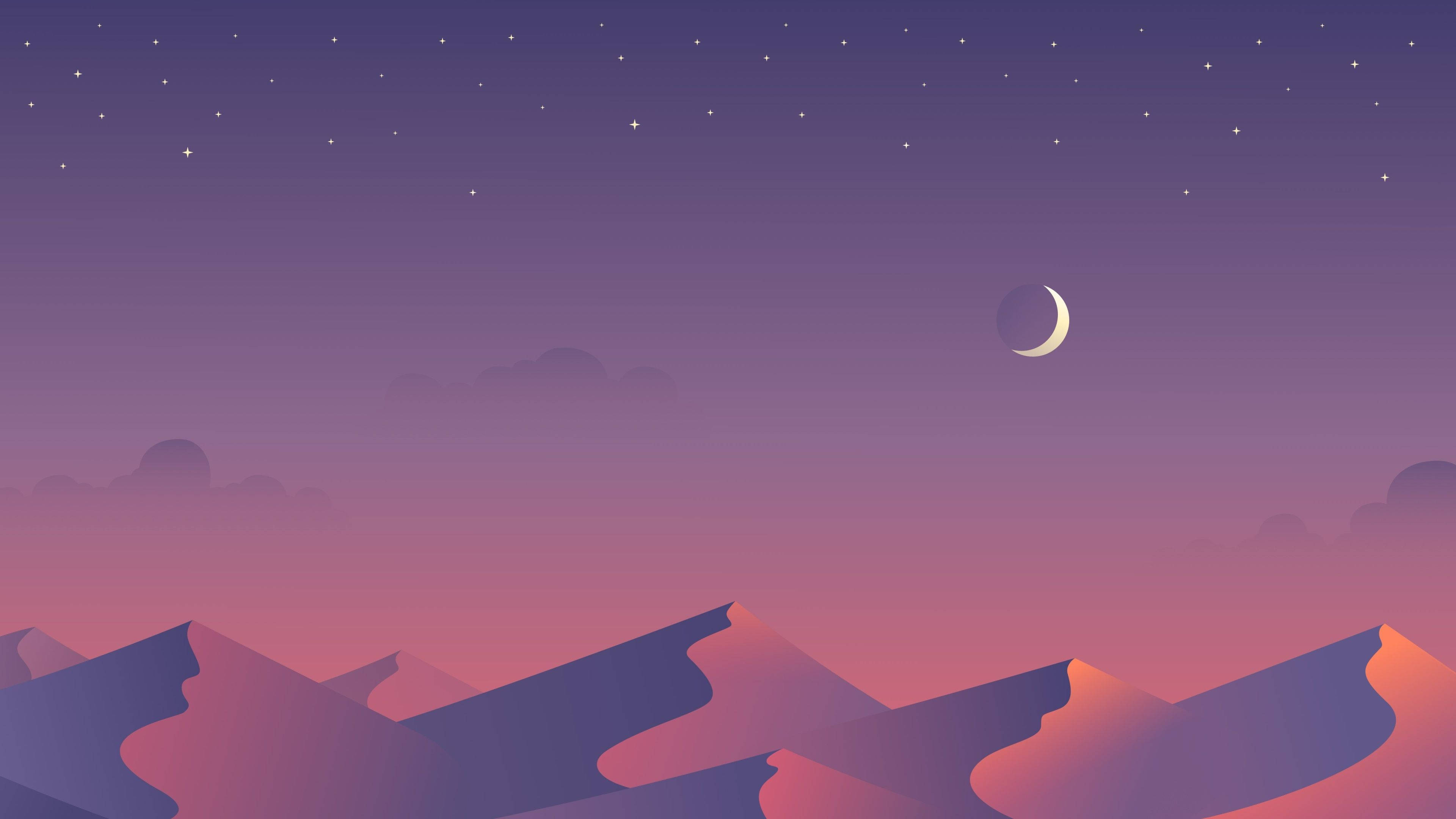 美學月亮 桌布 壁紙 — 寧靜的夜空，新月和星星在散發粉紅光芒的紫色山脈剪影之上。