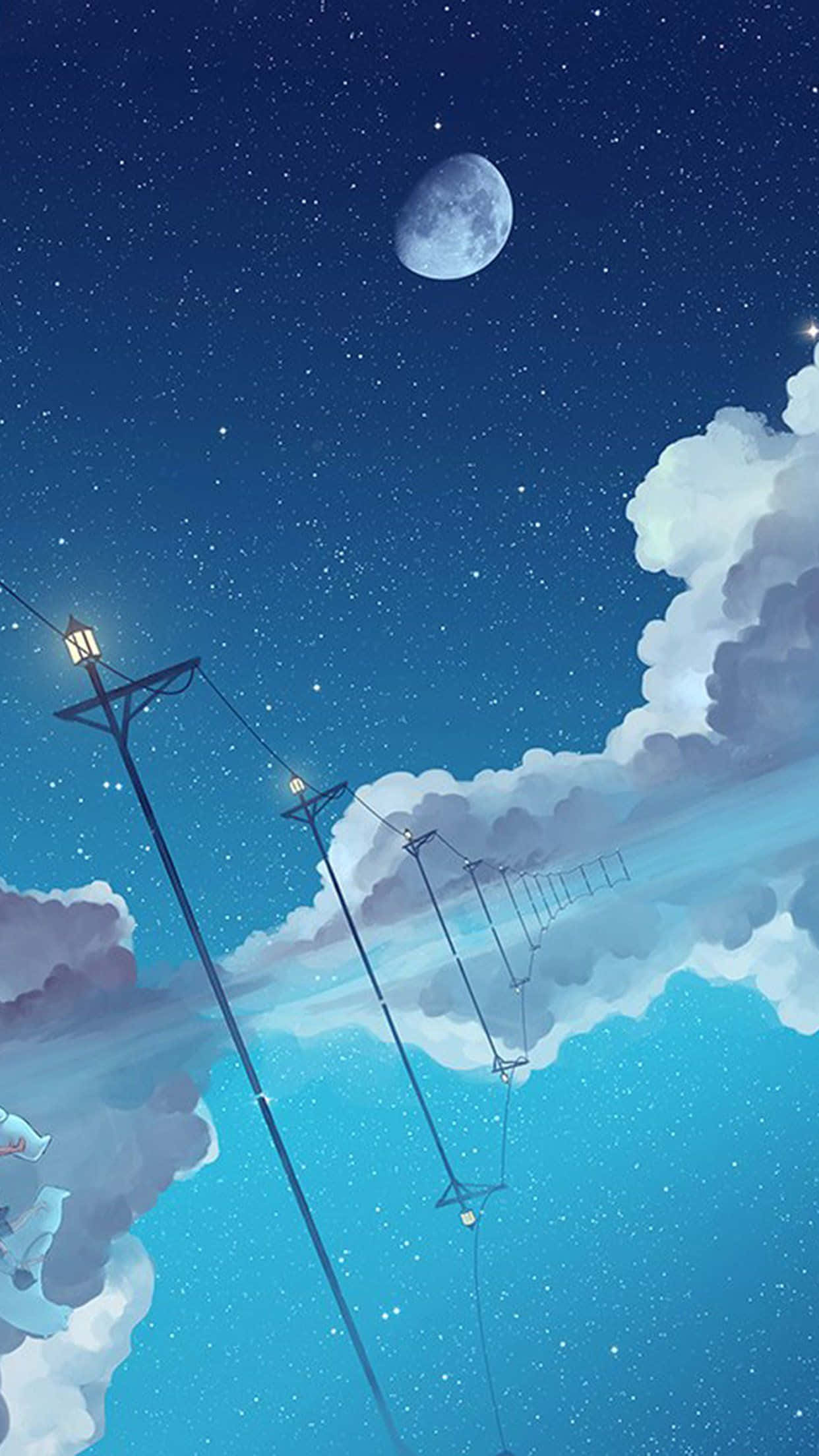 Moon And Stars iPhone 桌布 壁紙 — 寧靜的夜空，新月和星星在蓬鬆的雲層之上，由發光的街燈和電線框住。