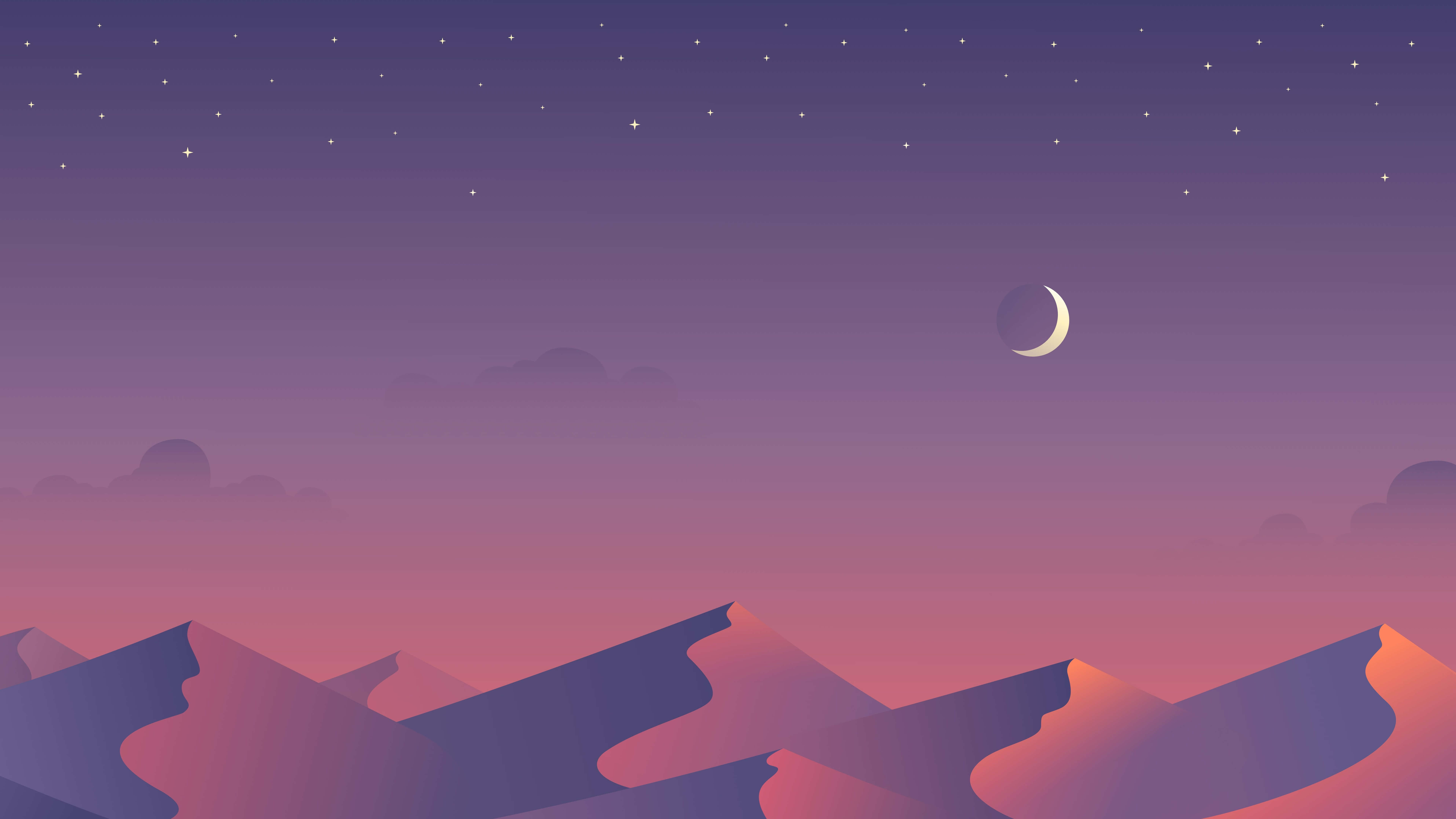 桌布 壁紙 — 寧靜的夜空，新月和星星懸掛在紫色和粉紅色山脊的剪影之上。