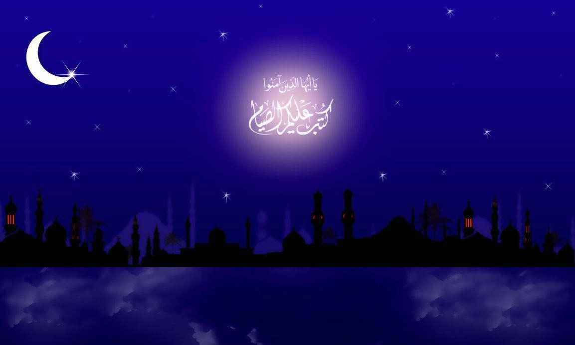 Ramadan 桌布 壁紙 — 寧靜的夜空，新月和星星映襯著伊斯蘭建築的剪影，閃爍的燈籠。