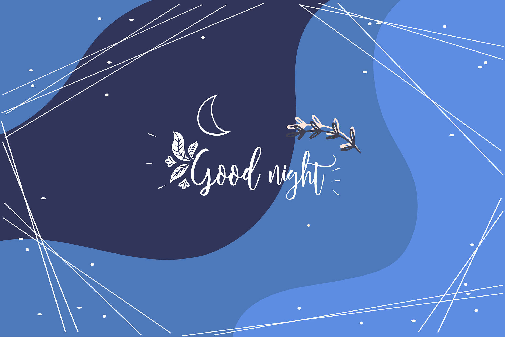 Good Night 桌布 壁紙 — 寧靜的夜空，新月和樹枝葉片襯托著草書文字「Good night」，背景為層疊的藍色抽象形狀。