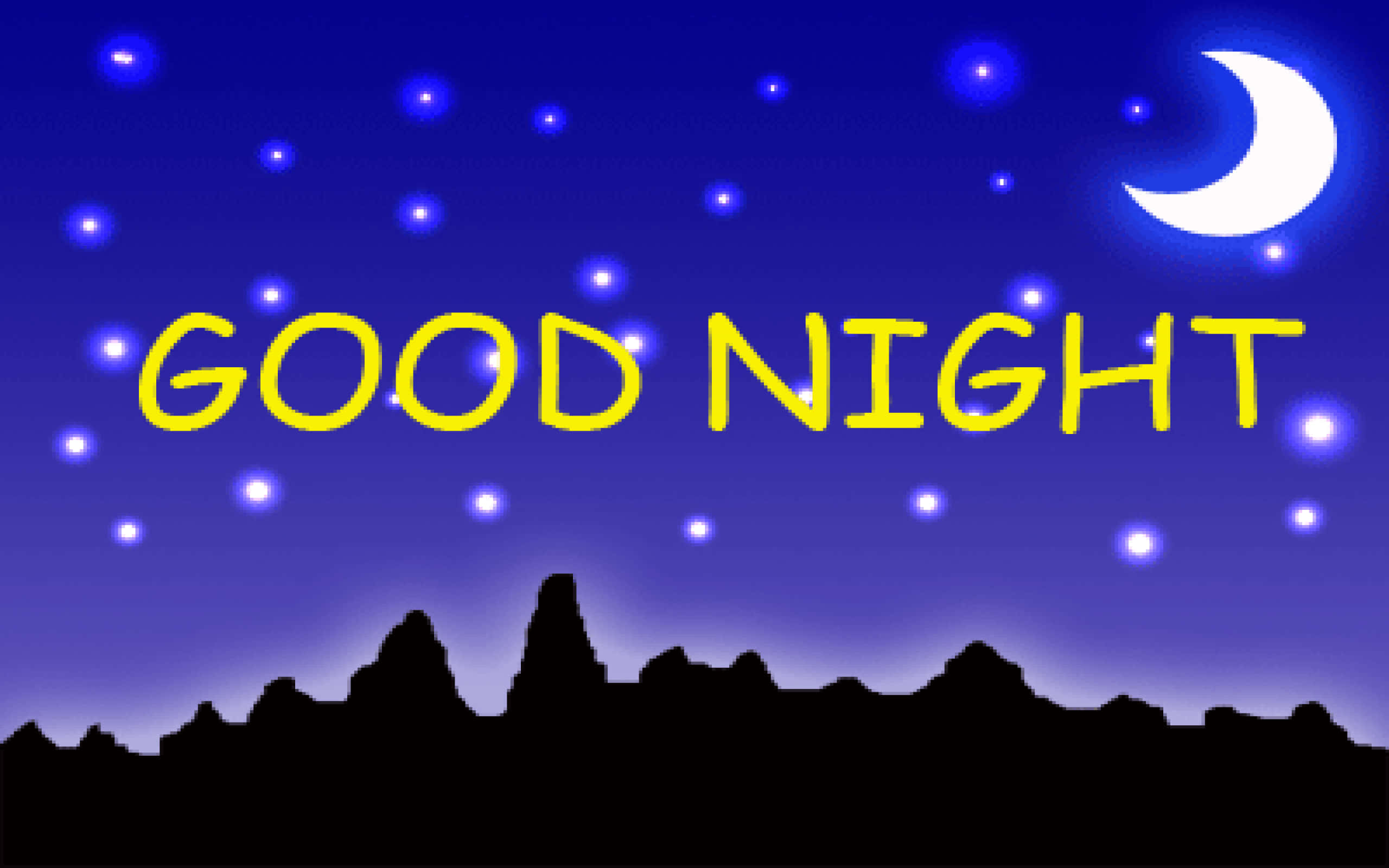 good night animated 桌布 壁紙 — 寧靜的夜空，新月和閃爍的星星在山脈剪影之上，配上粗體黃色「晚安」文字。