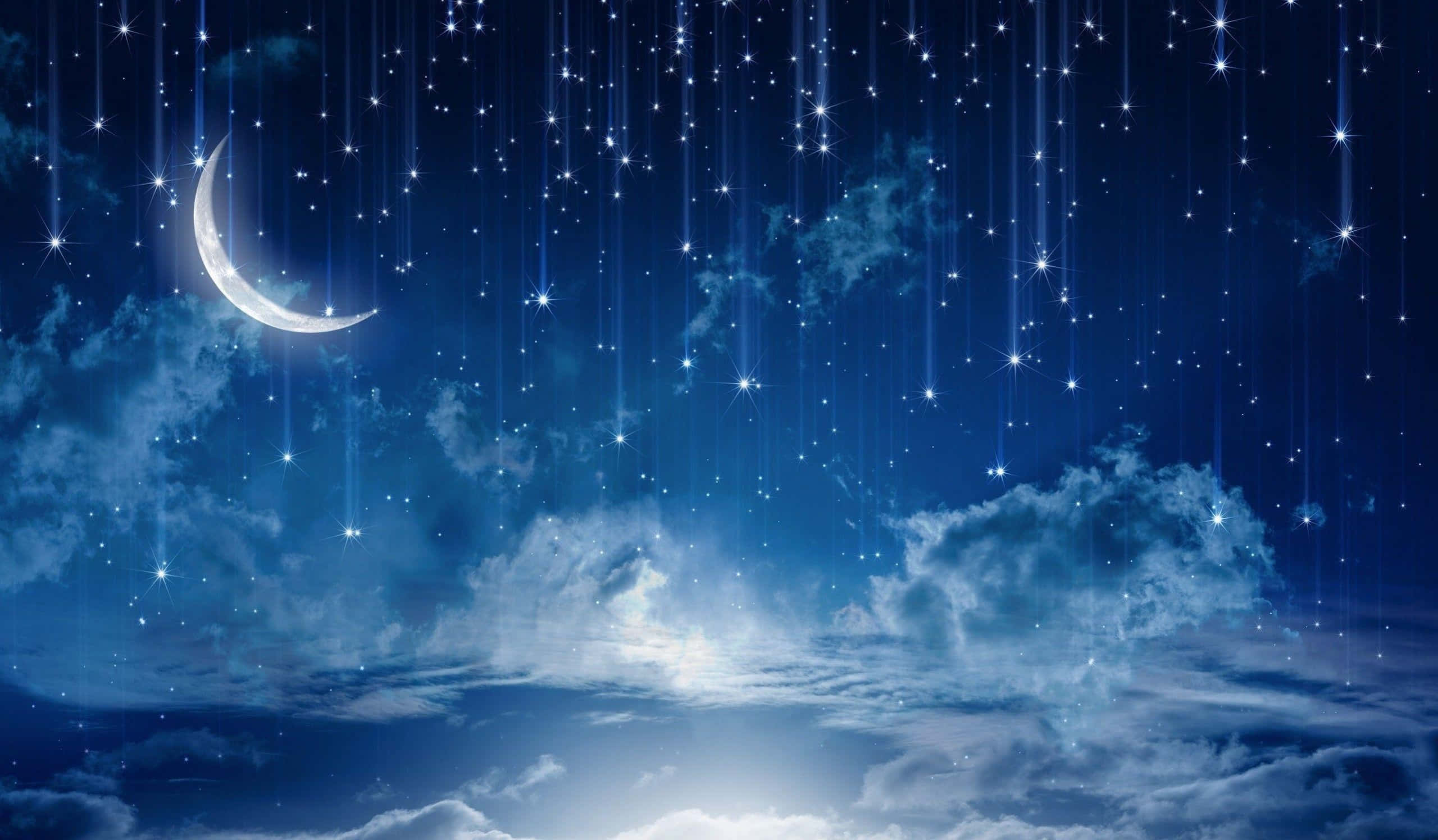 新月 桌布 壁紙 — 寧靜的夜空，有新月和閃爍的星星像雨一樣穿過柔軟的藍色雲層。