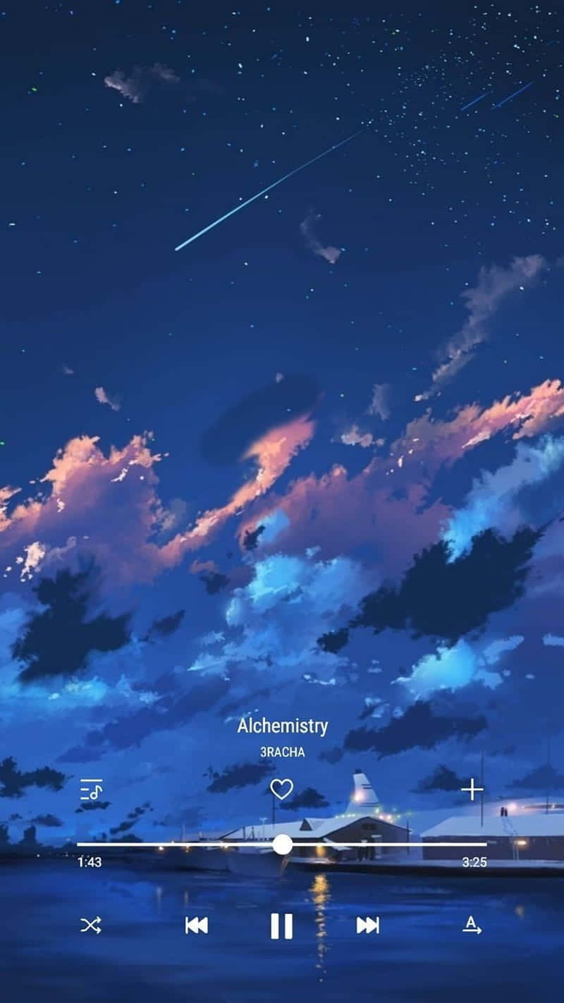Aesthetic Blue 桌布 壁紙 — 寧靜的夜空，流星劃過粉紅色和藍色的雲層，平靜的水邊有一艘船和音樂播放器疊加。