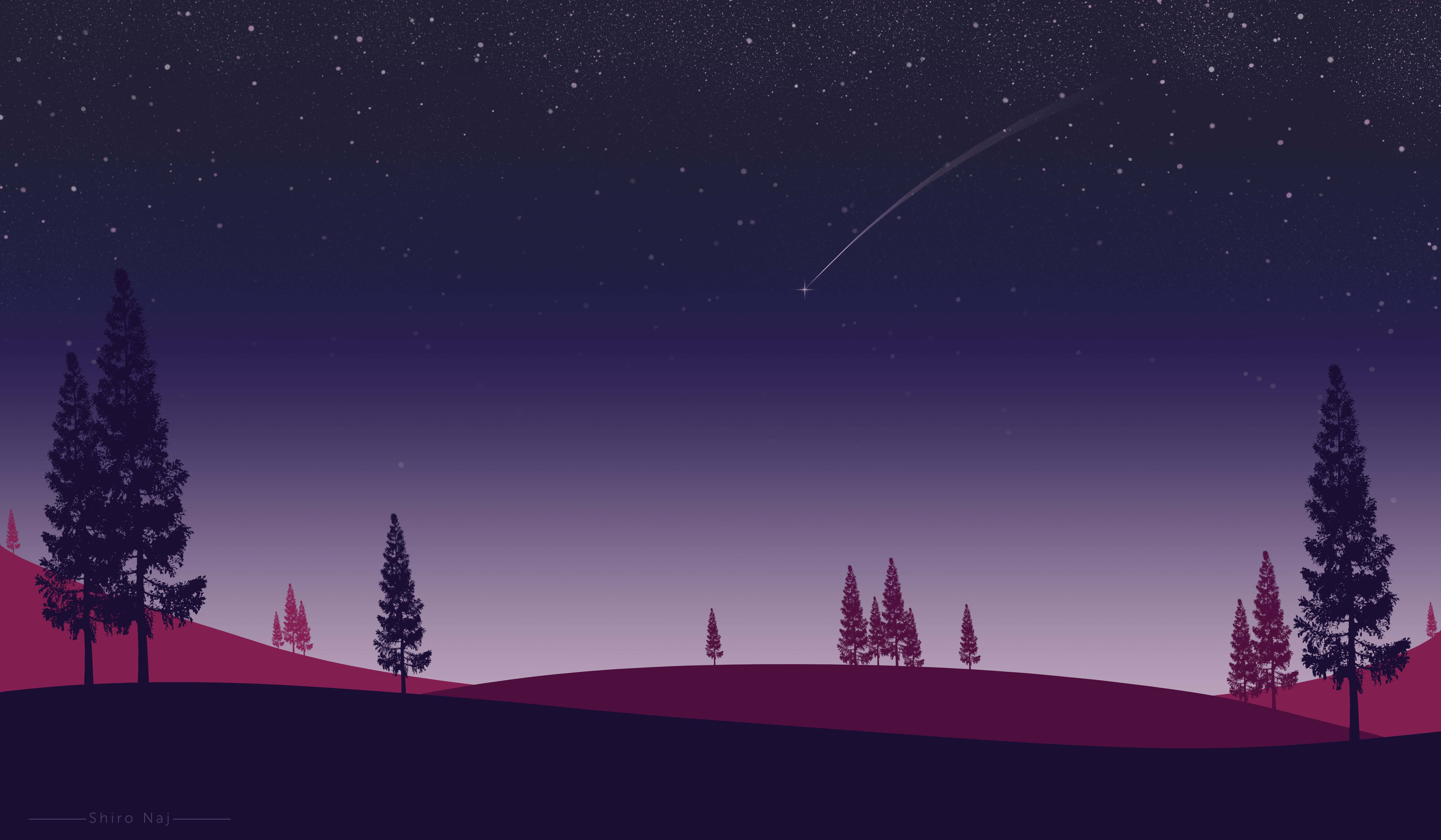 Minimalist Sky 桌布 壁紙 — 寧靜的夜空，流星劃過起伏山丘上松樹的剪影，背景是紫色和海軍藍漸變的星野。