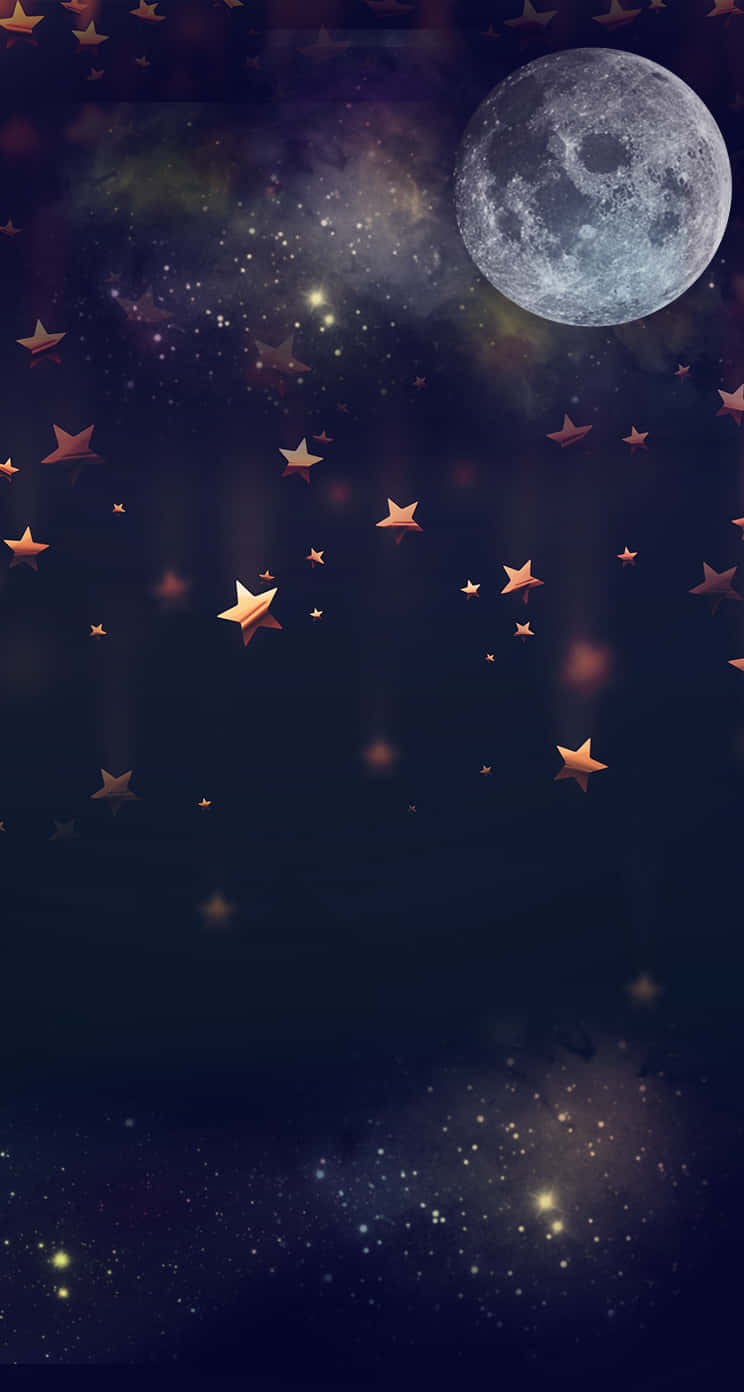 Cute Stars 桌布 壁紙 — 寧靜的夜空，滿佈閃爍的金色星星和細節豐富的滿月，背景是深邃的宇宙。