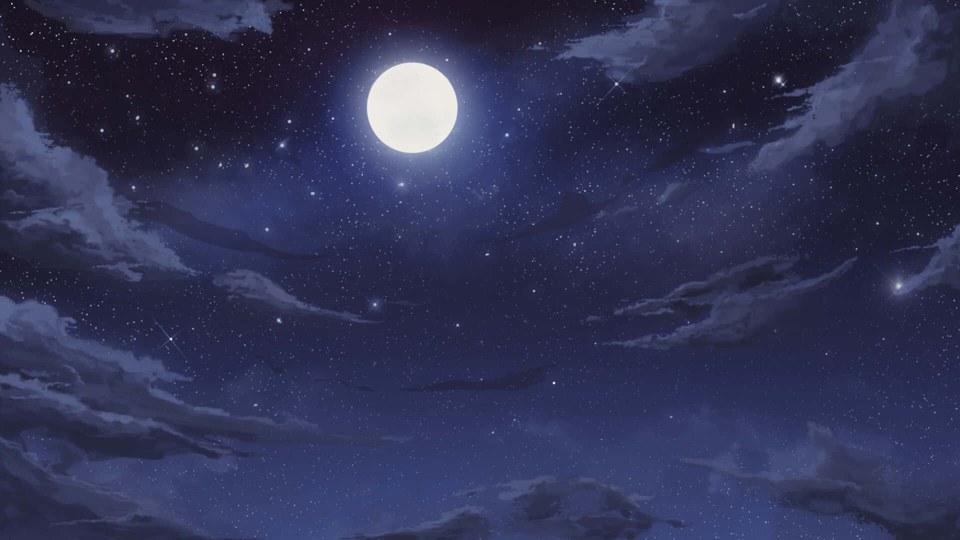 夜空 桌布 壁紙 — 寧靜的夜空，滿天繁星和飄動的雲朵，被明亮的滿月照亮。