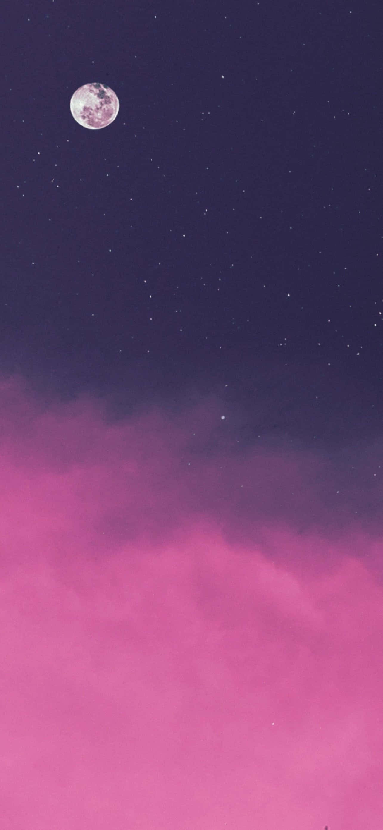 雲朵 桌布 壁紙 — 寧靜的夜空，滿月和星星在充滿活力的粉紅色雲層之上。