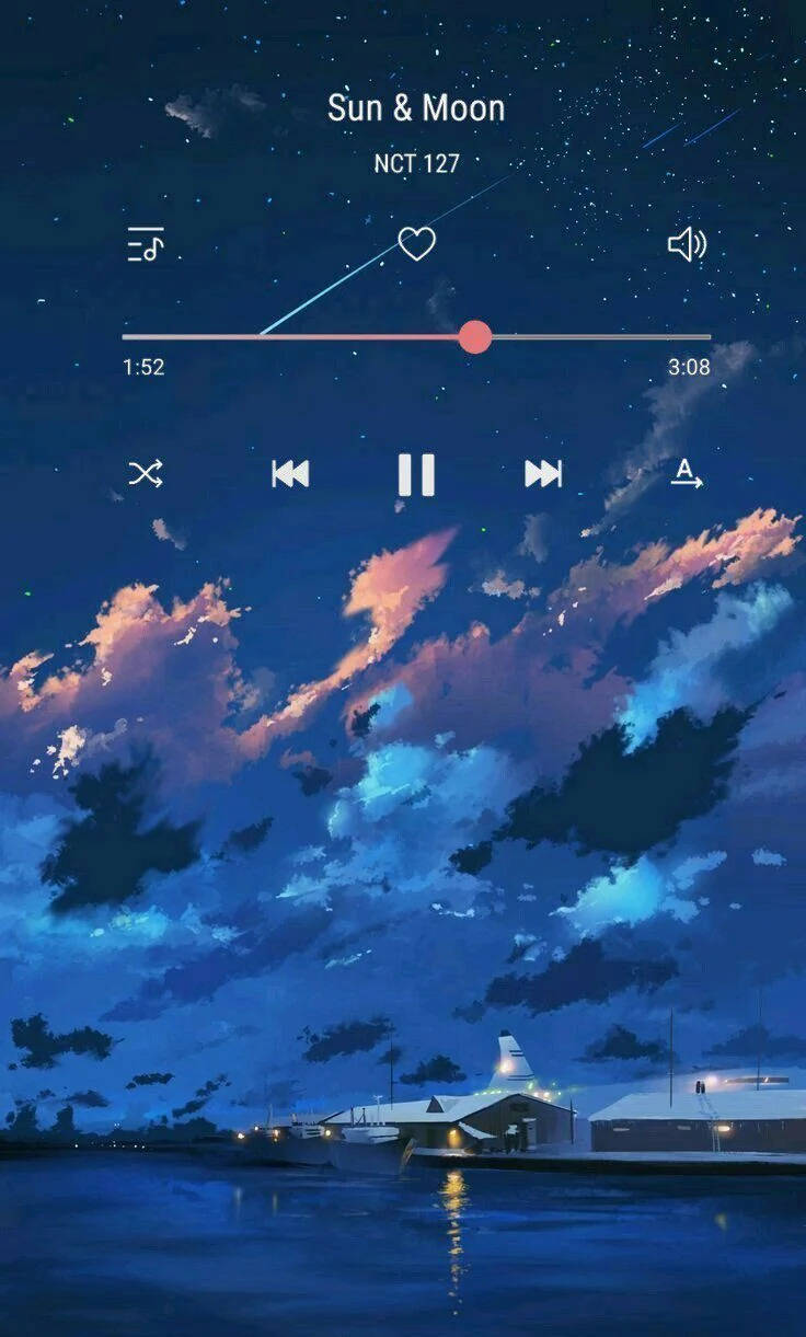 Audio 桌布 壁紙 — 寧靜的夜空，粉紅色和藍色的雲彩籠罩著海濱建築，上面覆蓋著音樂播放器介面。