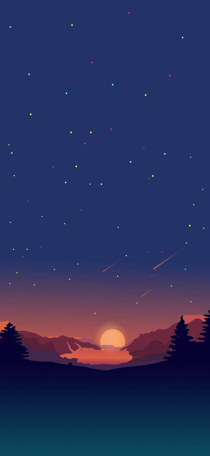 美學平板 桌布 壁紙 — 寧靜的夜空，色彩繽紛的星星和流星劃過剪影般的山脈和松樹之上。