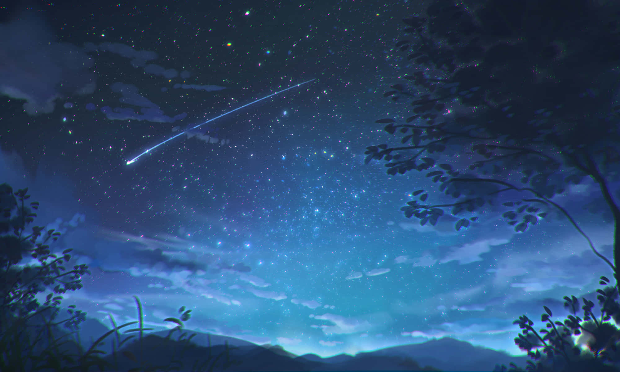 星星動圖 桌布 壁紙 — 寧靜的夜空充滿星星，一顆發光的流星劃過天際，襯托著樹木的剪影和遠山。
