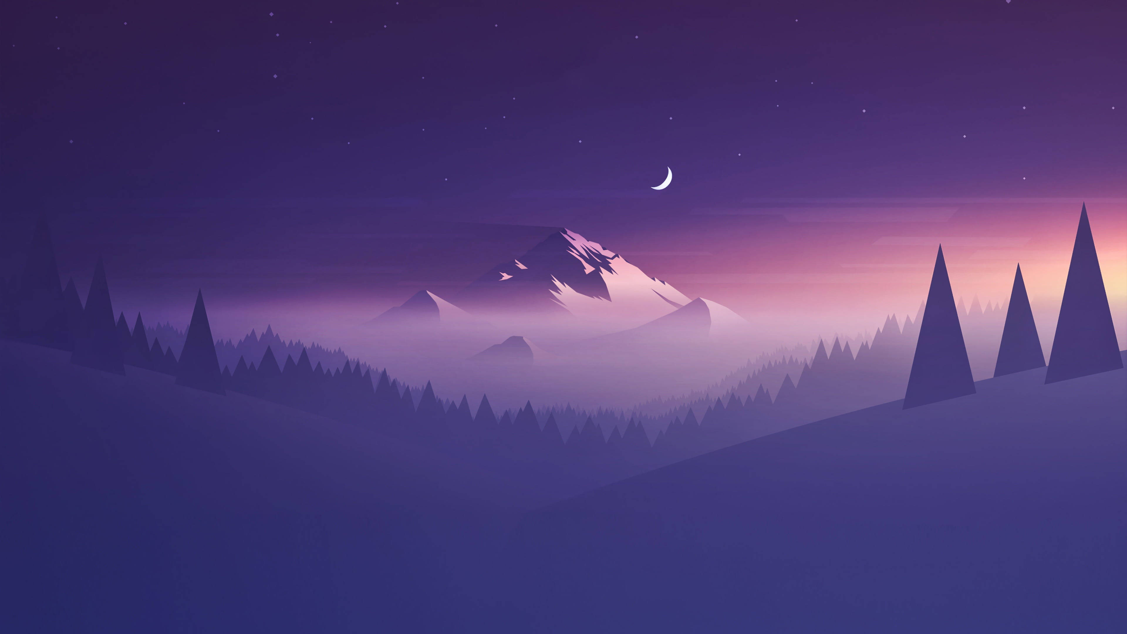 HD Design 桌布 壁紙 — 寧靜的夜間山景，新月和星星高懸於霧氣繚繞的山峰和剪影般的松樹之上。