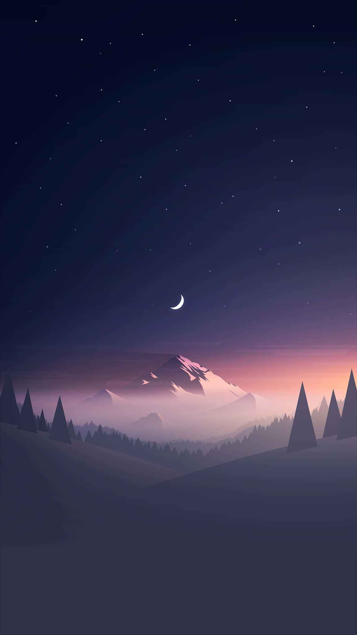 Crescent Moon 桌布 壁紙 — 寧靜的夜間山景，新月和星空下帶有柔和的紫色和粉紅色漸變。