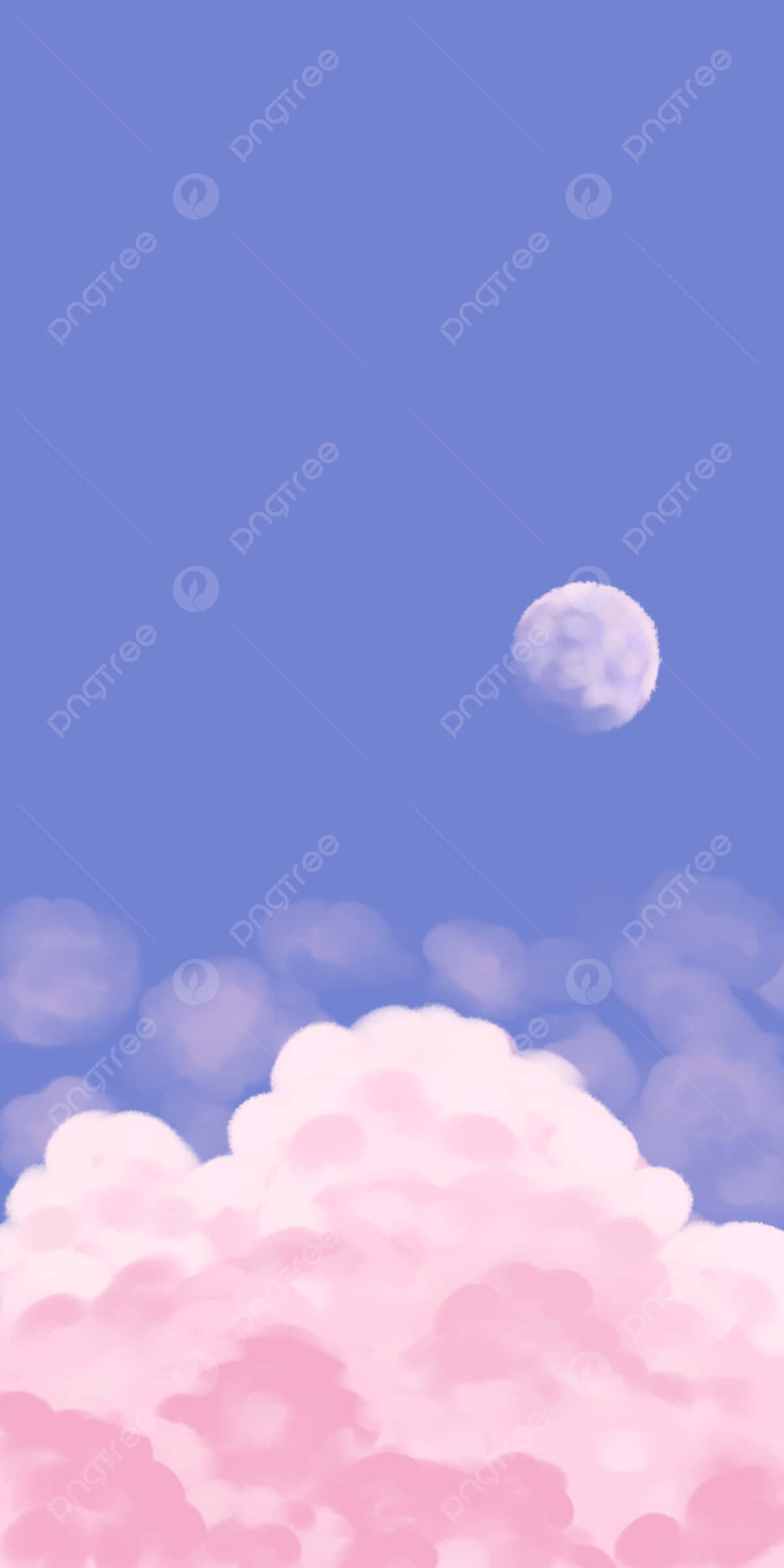 Pink And Blue Clouds 桌布 壁紙 — 寧靜的天空，柔和的粉紅雲朵和一輪滿月在平靜的藍色背景上閃耀。
