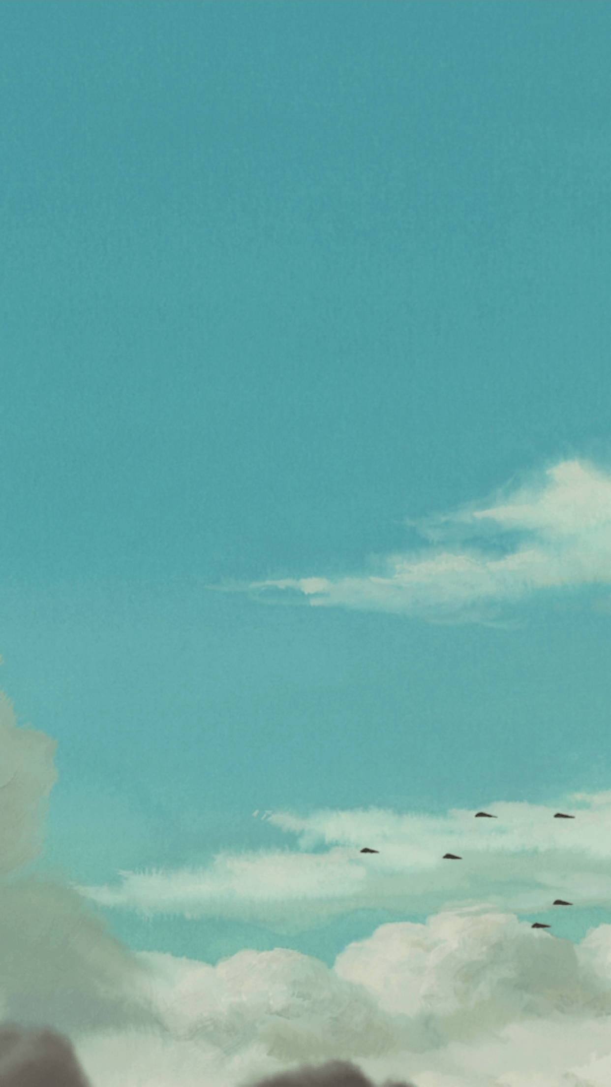 Studio Ghibli iPhone 桌布 壁紙 — 寧靜的天空，柔軟的白雲，一群鳥兒在平靜的藍綠色背景下飛翔。