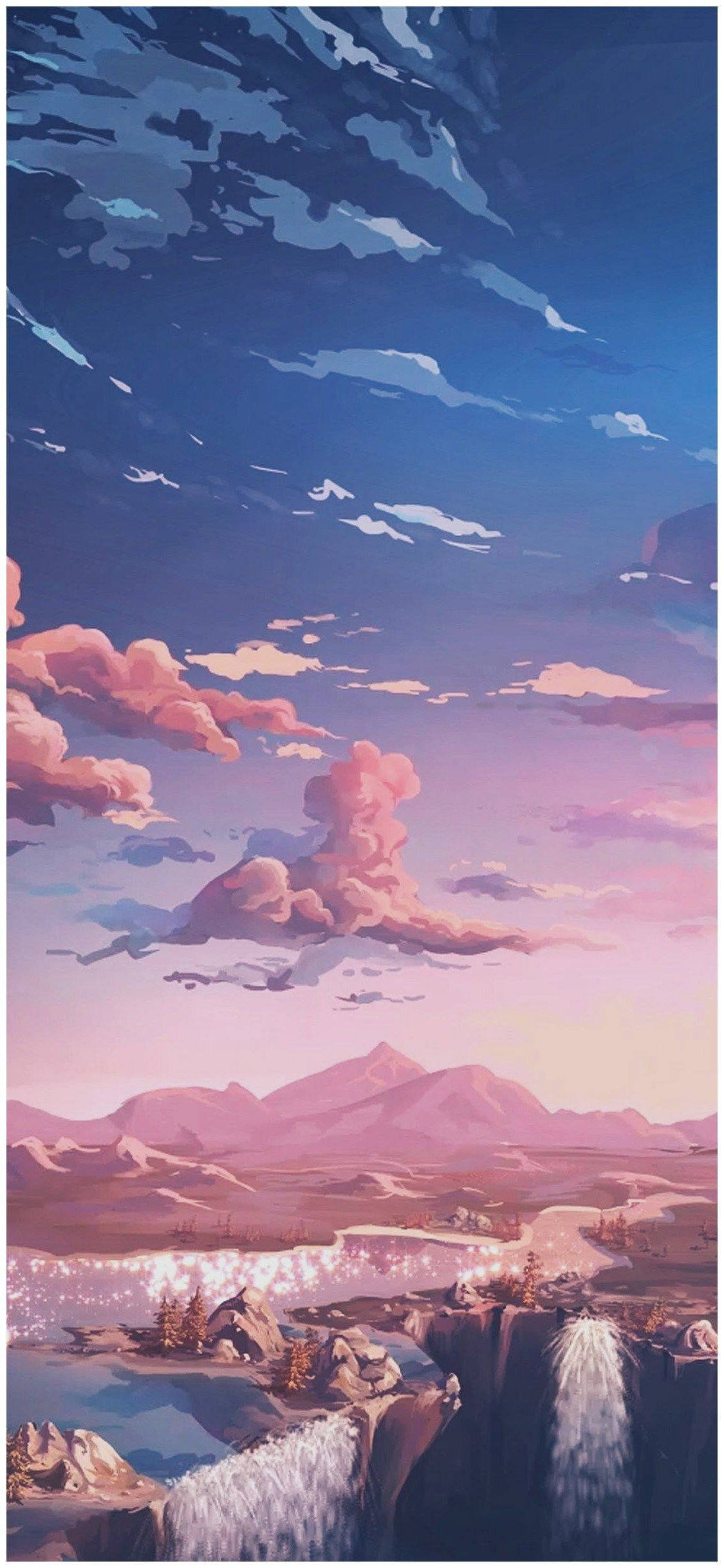 美學 iPhone 壁紙 桌布 壁紙 — 寧靜的奇幻景觀，粉紅色的雲朵飄在紫色山脈之上，發光的瀑布在暮色天空下閃耀。