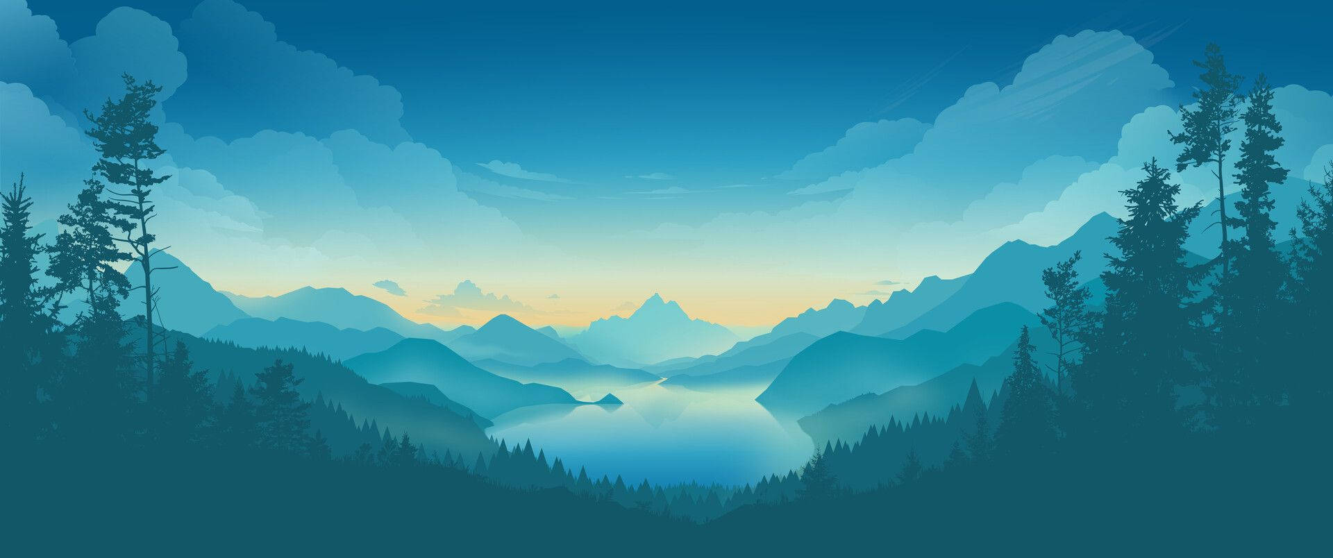 Lake 桌布 壁紙 — 寧靜的山中湖泊，坐落在霧氣繚繞的藍色山峰之間，上方是柔和的金色日出天空。
