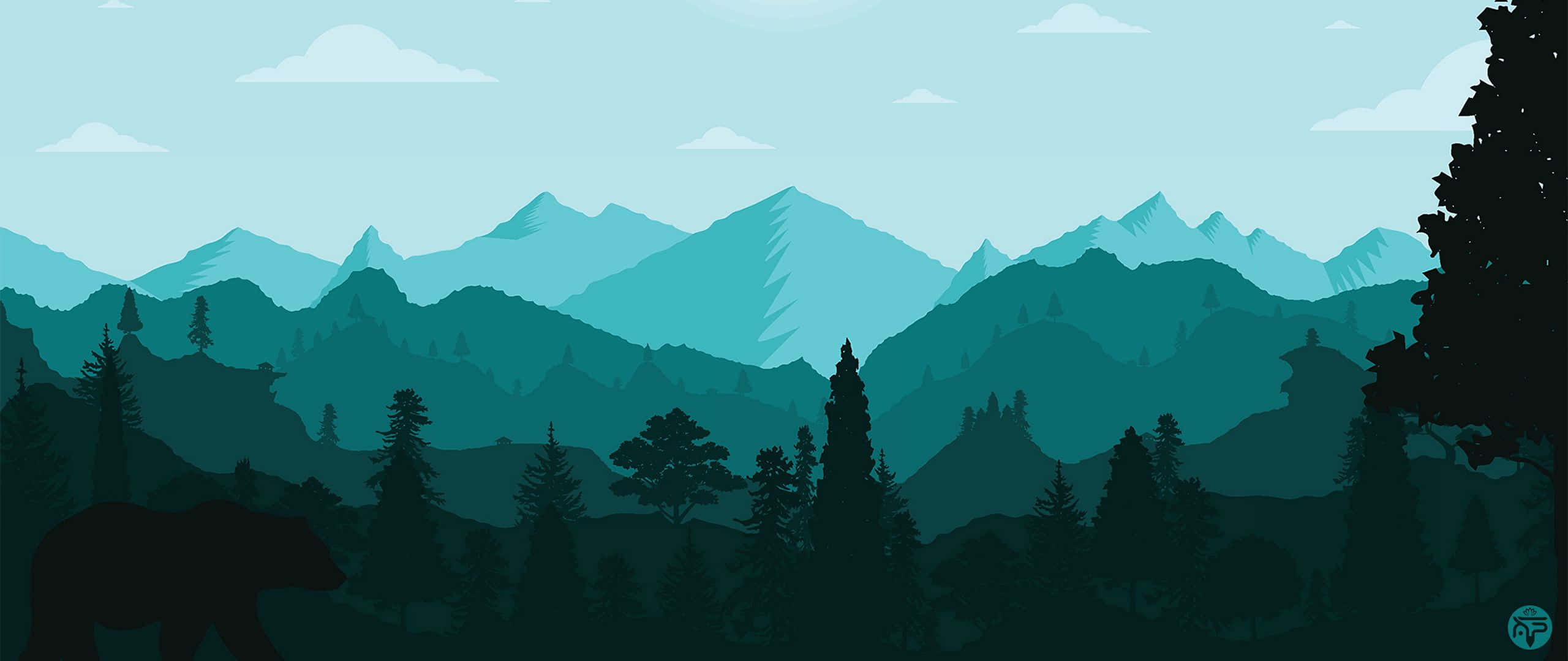 2560x1080 Minimal 桌布 壁紙 — 寧靜的山景，層疊的藍綠色山峰和深色松林，襯托著蒼白的天空和柔軟的雲朵。