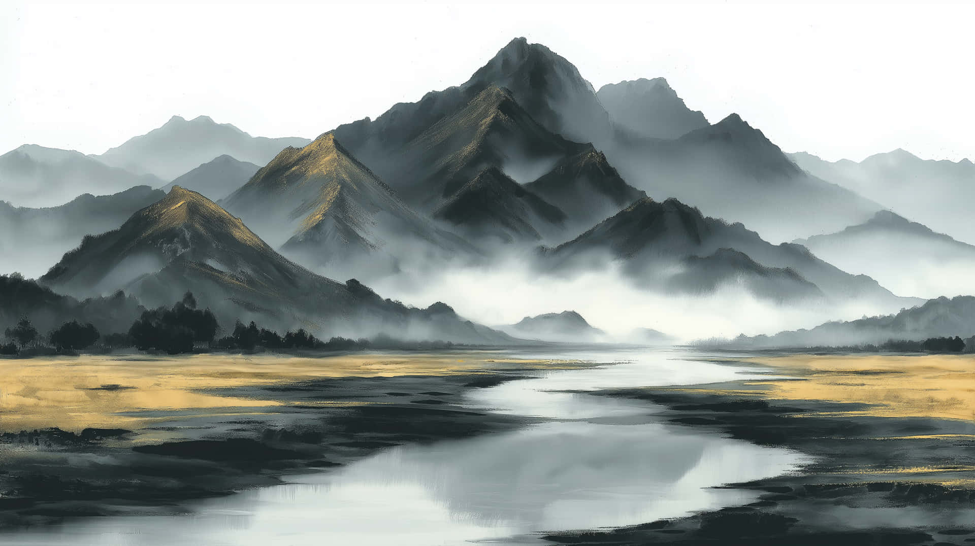 Golden Light on Serene Mountains Reflected in Calm Lake 壁紙 — 寧靜的山景，霧氣繚繞的山峰倒映在平靜的河流中，蜿蜒穿過金色的沼澤地。