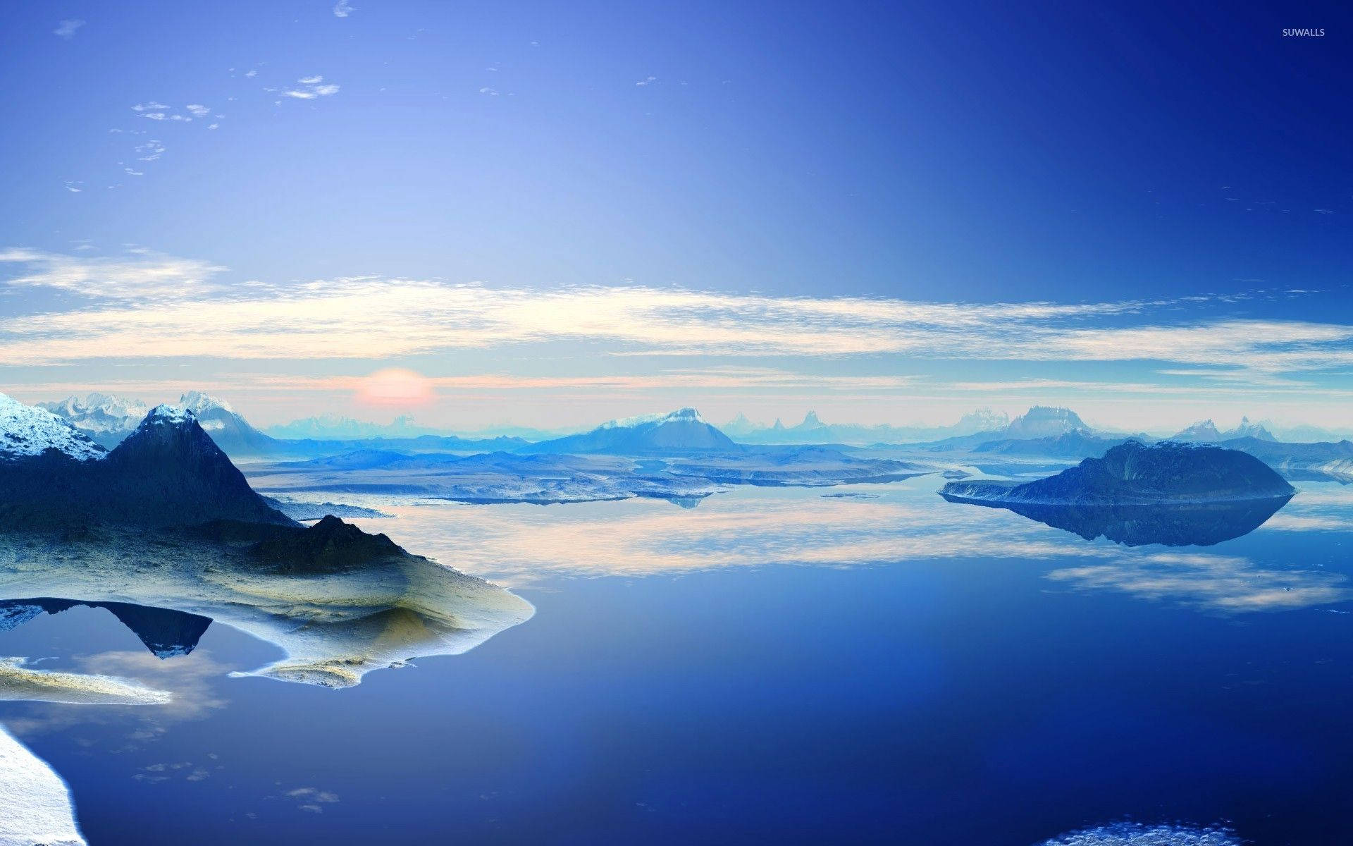 Antarctica 桌布 壁紙 — 寧靜的山湖在日出時分，在廣闊藍天和柔軟雲朵下，映照著積雪的山峰。