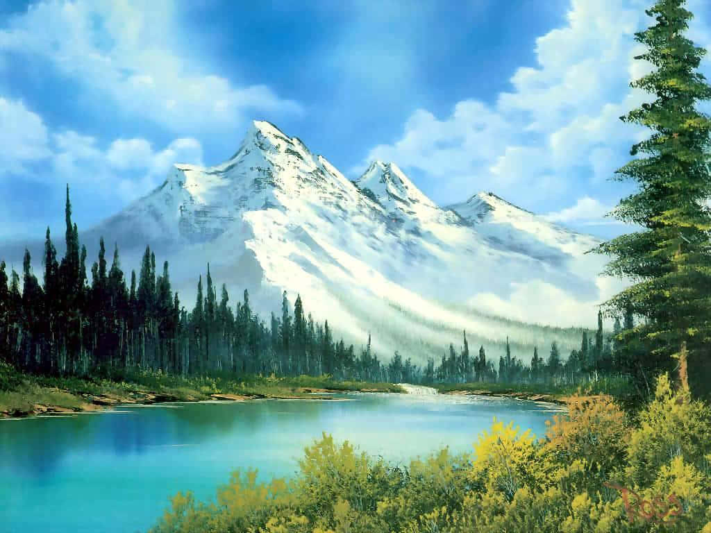 Painting 桌布 壁紙 — 寧靜的山湖在明亮的藍天和蓬鬆的雲朵下倒映著白雪覆蓋的山峰。