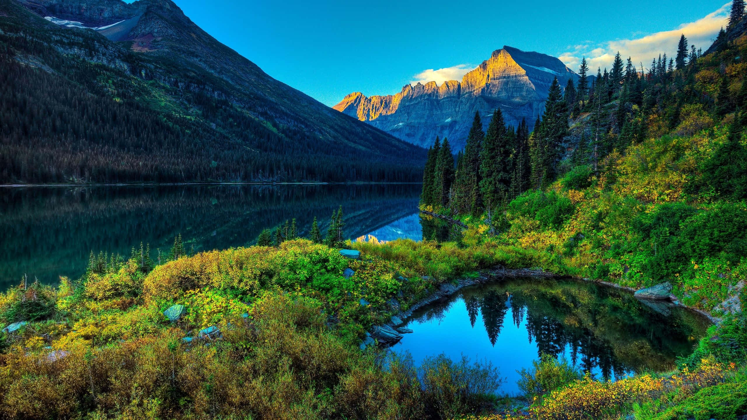 Mountain Range 桌布 壁紙 — 寧靜的山湖在金色時光的湛藍天空下，映照著高聳的山峰和常綠森林。