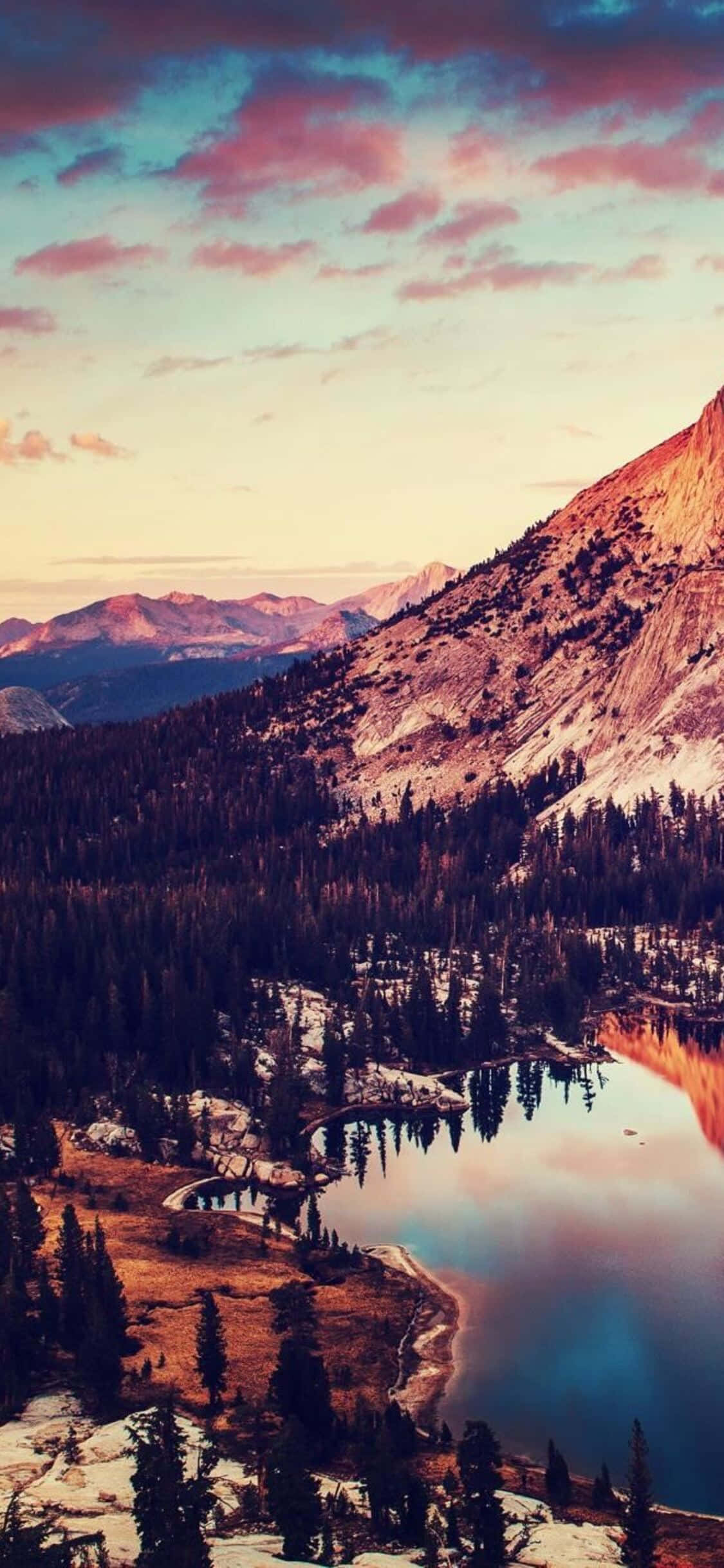 iPhone X California 桌布 壁紙 — 寧靜的山湖映照出充滿活力的日落天空，粉紅色的雲彩和金色的光芒籠罩著松樹林和積雪的山峰。