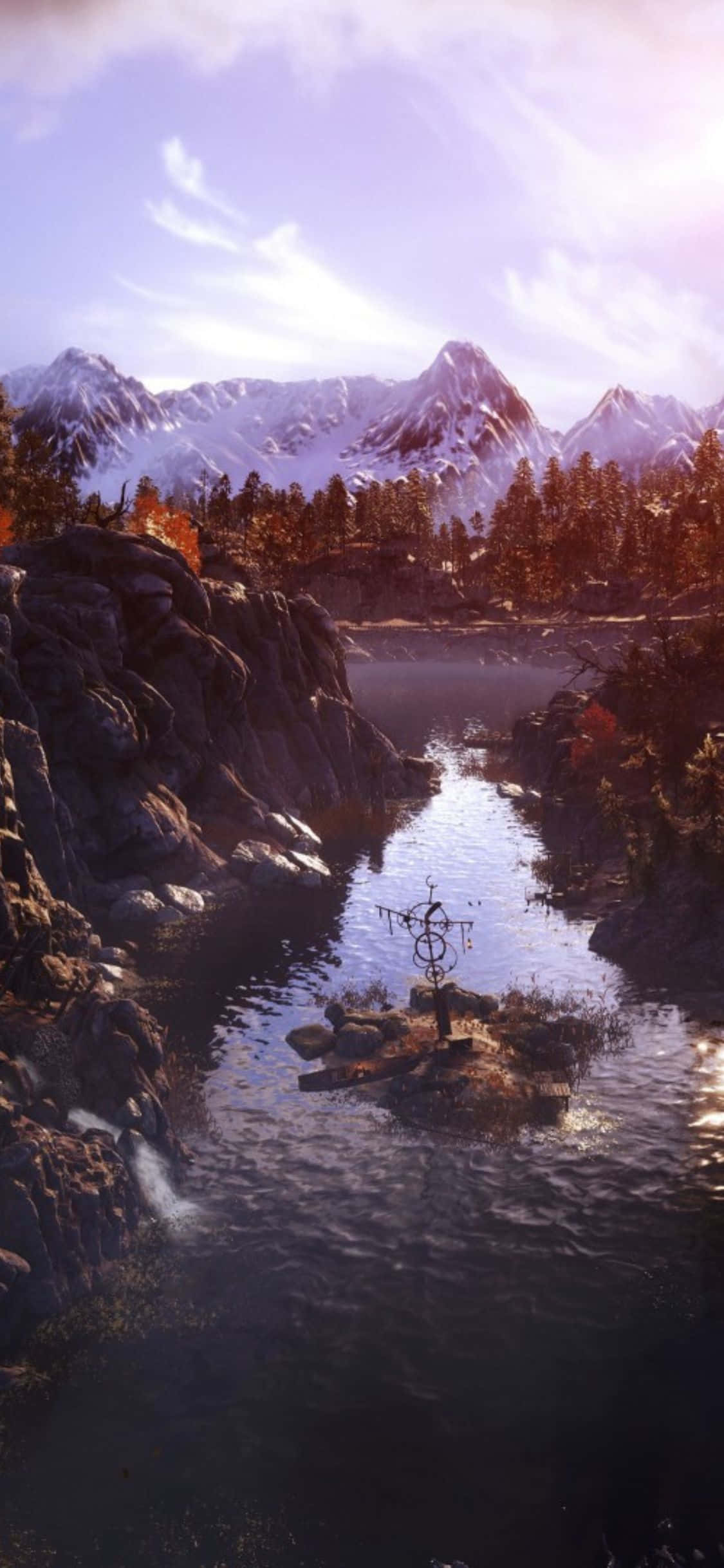 iPhone X Metro Exodus 桌布 壁紙 — 寧靜的山湖映照著白雪覆蓋的山峰和秋天的樹木，天空呈現柔和的紫色。