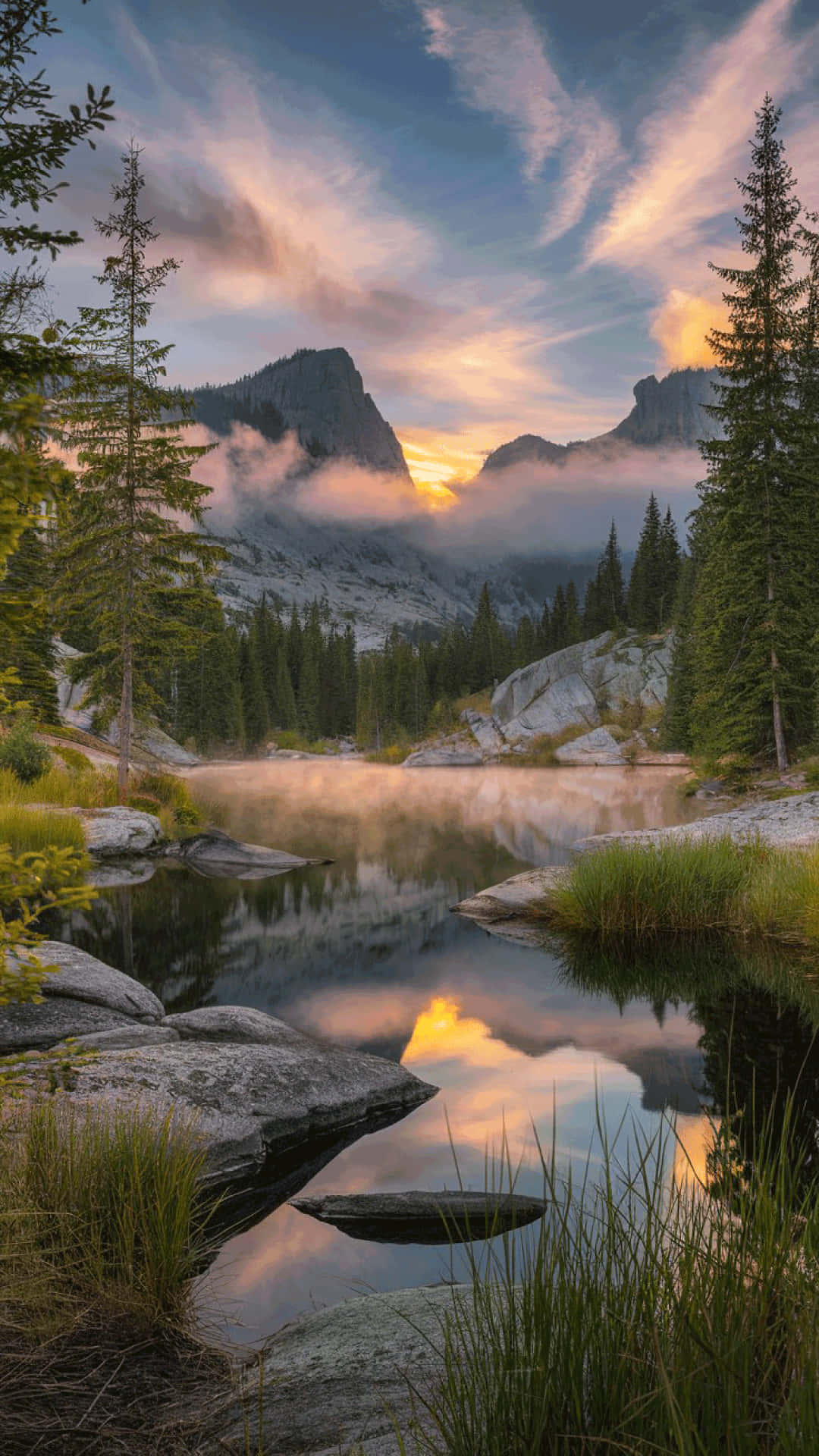 Serene mountain lake at sunrise  nature wallpaper 壁紙 — 寧靜的山湖映照著金色的日落雲彩和霧氣繚繞的山峰，四周環繞著常綠樹木。