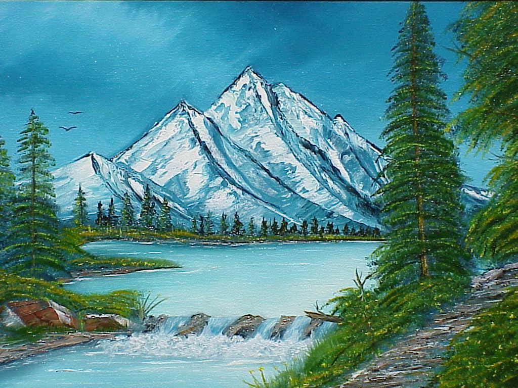 Painting 桌布 壁紙 — 寧靜的山湖景色，白雪皚皚的山峰聳立在常綠樹之上，前景有奔騰的瀑布。