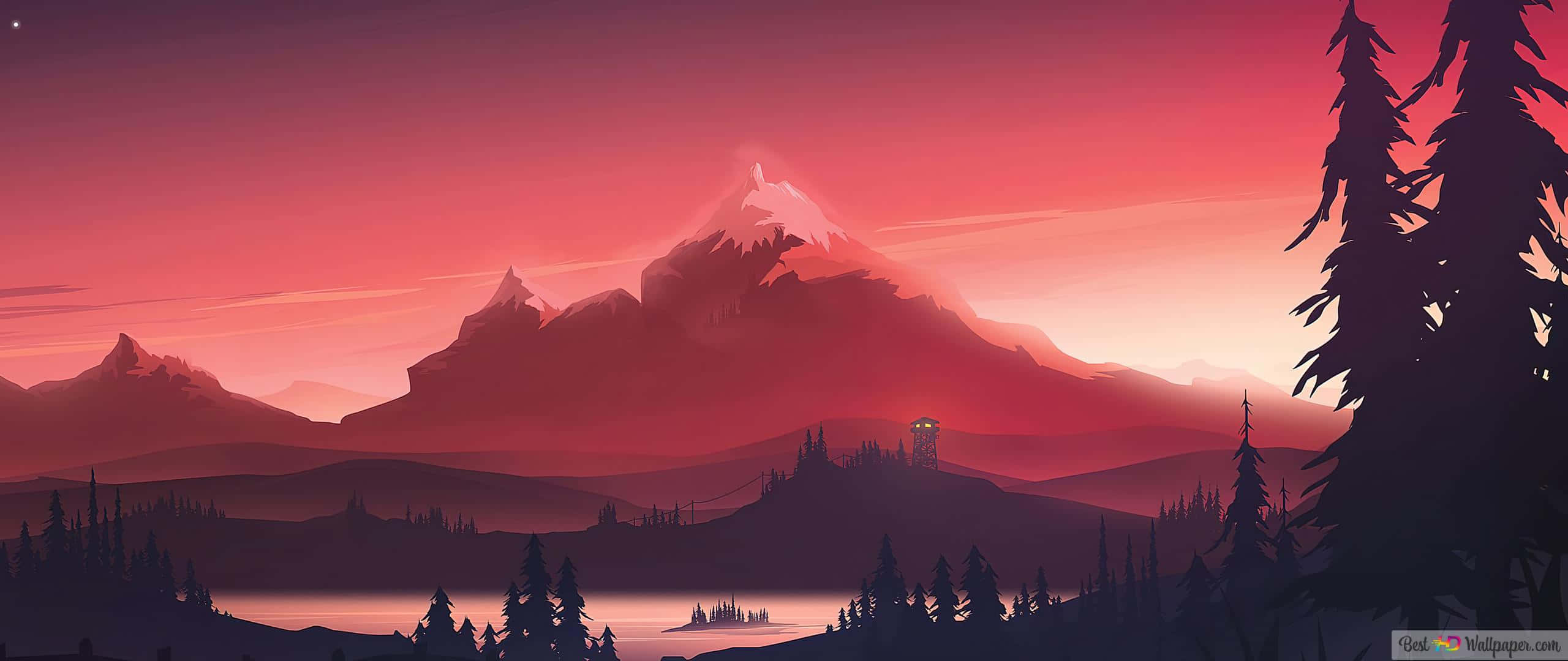 2560x1080 Minimal 桌布 壁紙 — 寧靜的山脈沐浴在熾熱的日落色調中，下方有剪影般的松樹和寧靜的湖泊。