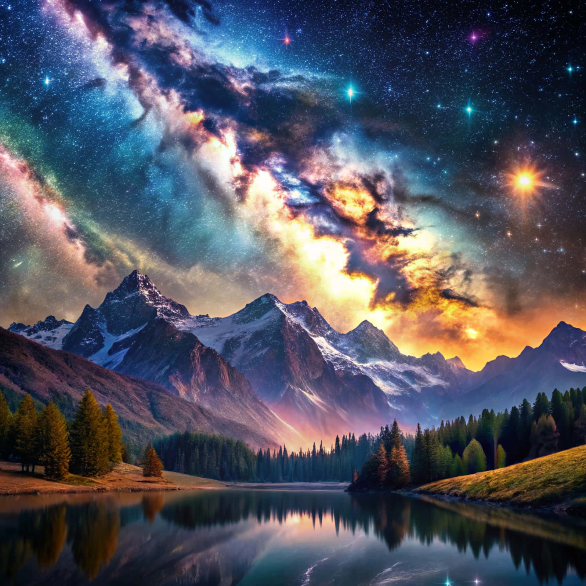 Background of a starry sky 壁紙 — 寧靜的山間湖泊映照出充滿星星、星雲和發光雲彩的鮮豔宇宙天空，覆蓋在積雪的山峰之上。