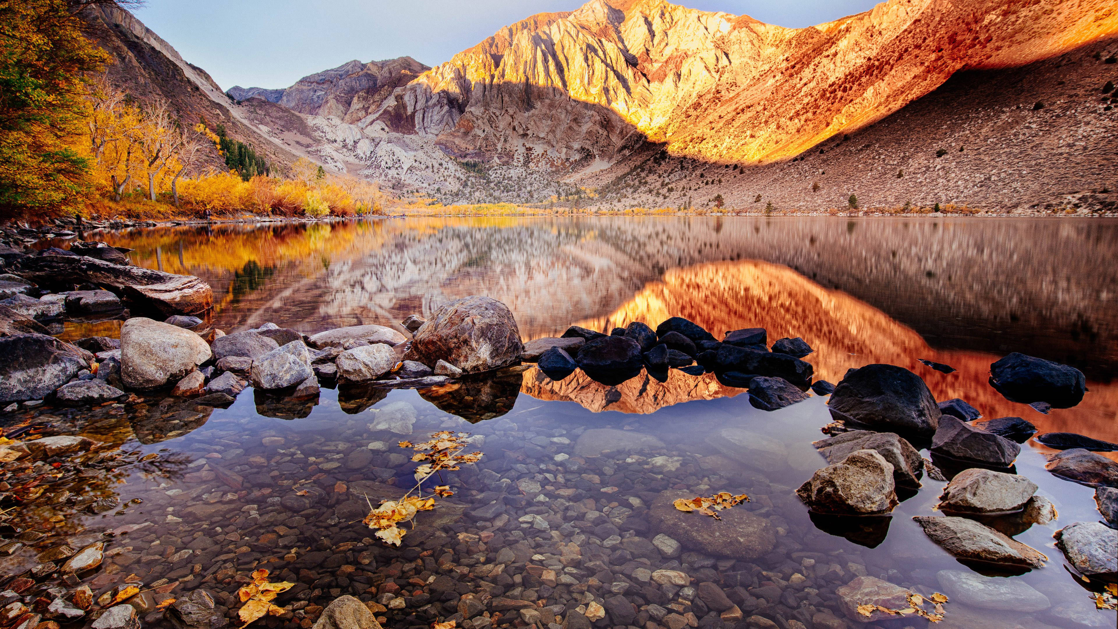 Lake 桌布 壁紙 — 寧靜的山間湖泊映照出金色秋崖和色彩繽紛的樹木，在清澈的藍天下。