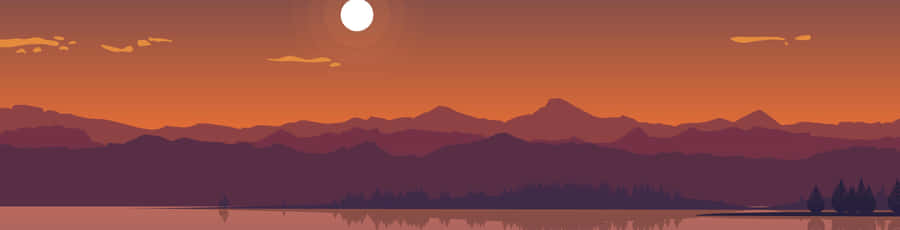 Minimalist Dual Monitor 桌布 壁紙 — 寧靜的山間湖泊映照著一輪發光的橙色太陽，落在層層疊疊的紫色和紅色山峰之後。