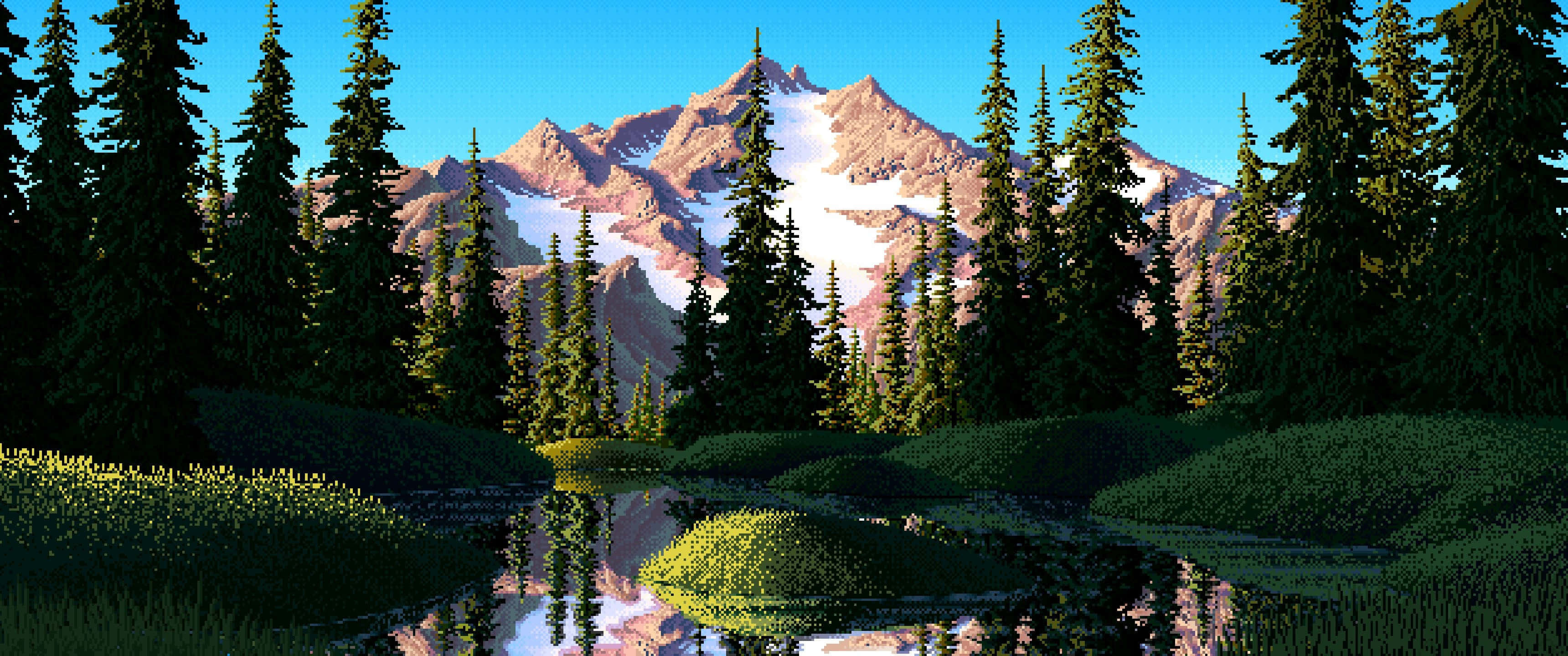 Snowy Mountain 桌布 壁紙 — 寧靜的山間湖泊映照著白雪覆蓋的山峰和常綠樹，天空湛藍清澈。