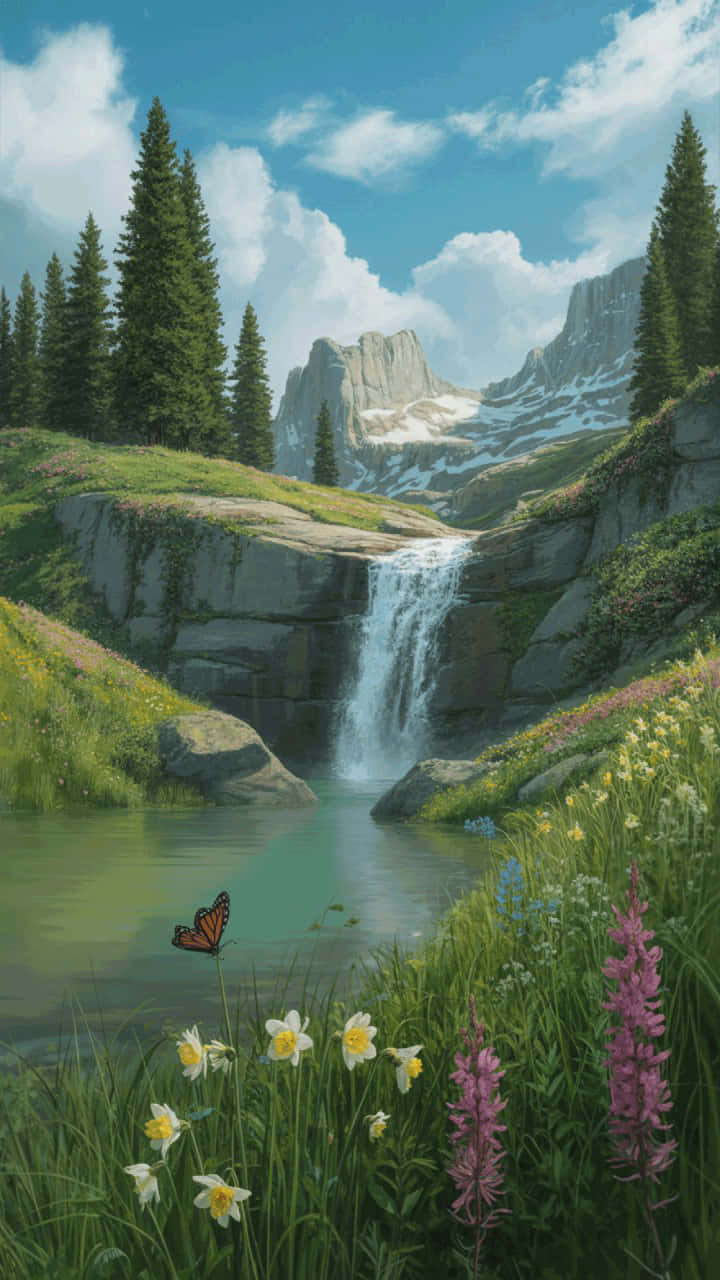Tranquil mountain waterfall wallpaper with wildflowers and butterfly 壁紙 — 寧靜的山間瀑布傾瀉而下，流入一個被野花、高草和常綠樹環繞的平靜水池，上方是明亮的藍天和蓬鬆的白雲。
