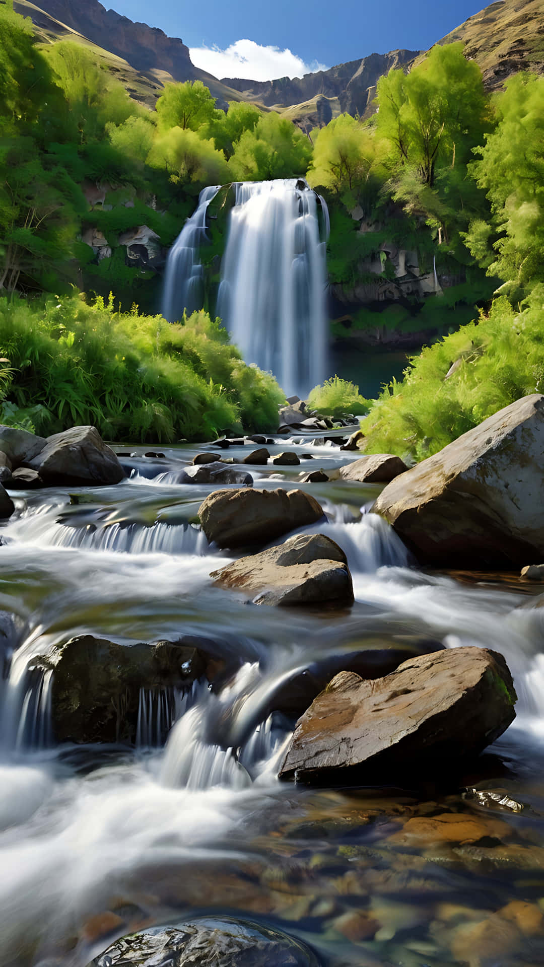 Picturesque Waterfall and River Symphony. smartphone wallpaper 壁紙 — 寧靜的山間瀑布穿過茂密的綠色森林，流入岩石溪流，天空湛藍。