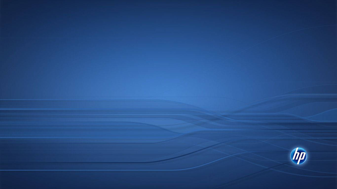 HP 桌布 壁紙 — 寧靜的抽象藍色背景，帶有流動的波浪線條和角落中微妙的HP標誌。