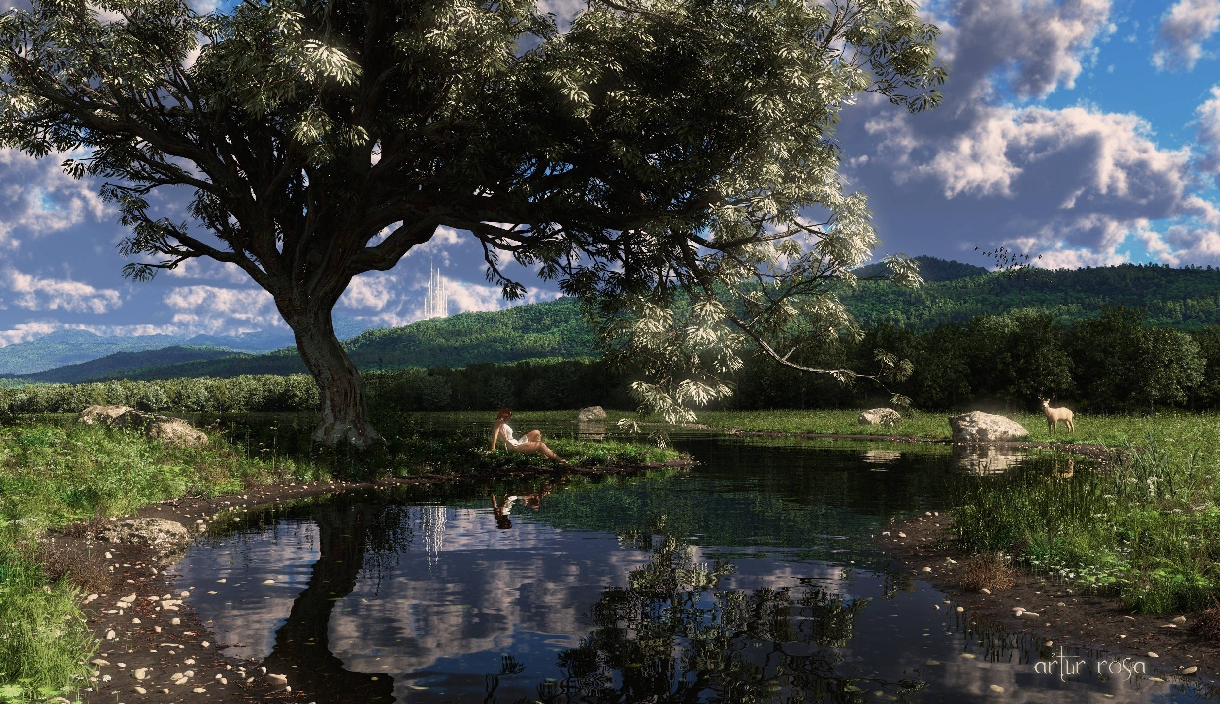 Fantasy Art 桌布 壁紙 — 寧靜的數位風景，一個孤獨的身影在大樹下放鬆，旁邊是倒映著遠山和附近吃草的鹿的池塘。