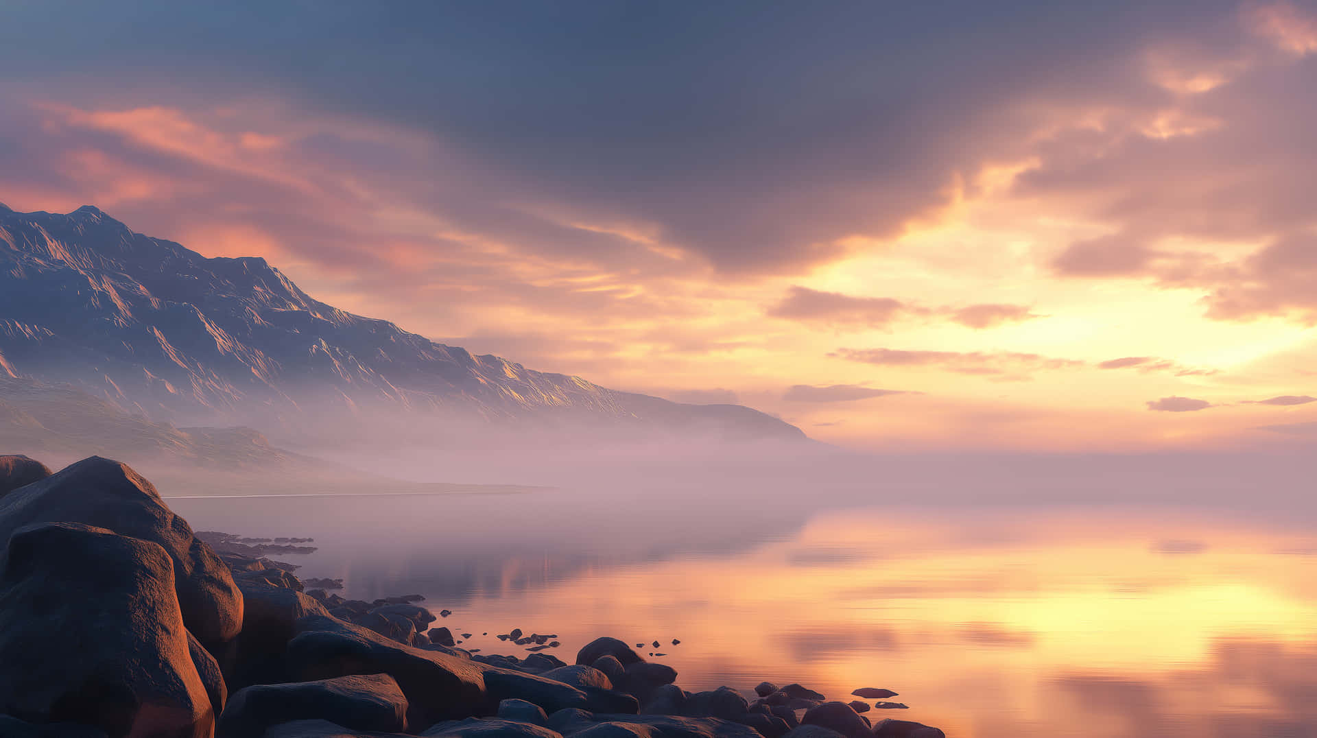 Serene Coastal Sunrise: Misty Waters and Rocky Shores 壁紙 — 寧靜的日出，霧氣瀰漫的湖泊，岩石前景，雪山倒映在金色水面上。