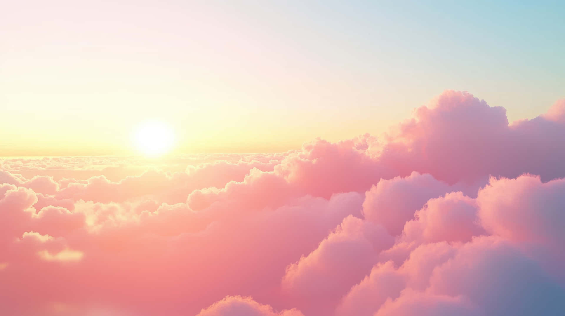 Soft Pink Clouds Illuminated by Rising Sun 壁紙 — 寧靜的日出從上方將柔軟的雲朵沐浴在柔和的粉紅色和金色色調中。