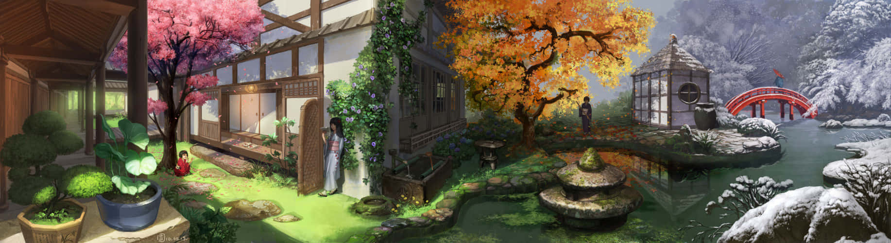 日式審美桌面 桌布 壁紙 — 寧靜的日本花園全景，展示櫻花、春季綠意、秋季紅葉和雪景，並有傳統建築和紅色橋樑。